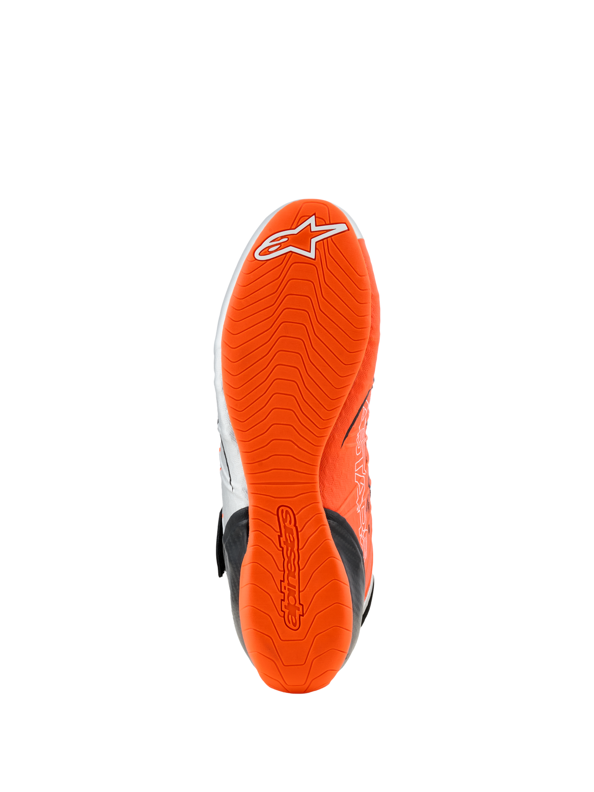 Sapatos Alpinestars Tech-1 KX V3, Vista da Sola, Borracha Laranja Fluo Brilhante, padrão de rasto com textura ondulada com logótipo branco e marca gravada em relevo, concebidos para aderência no karting e sensibilidade aos pedais