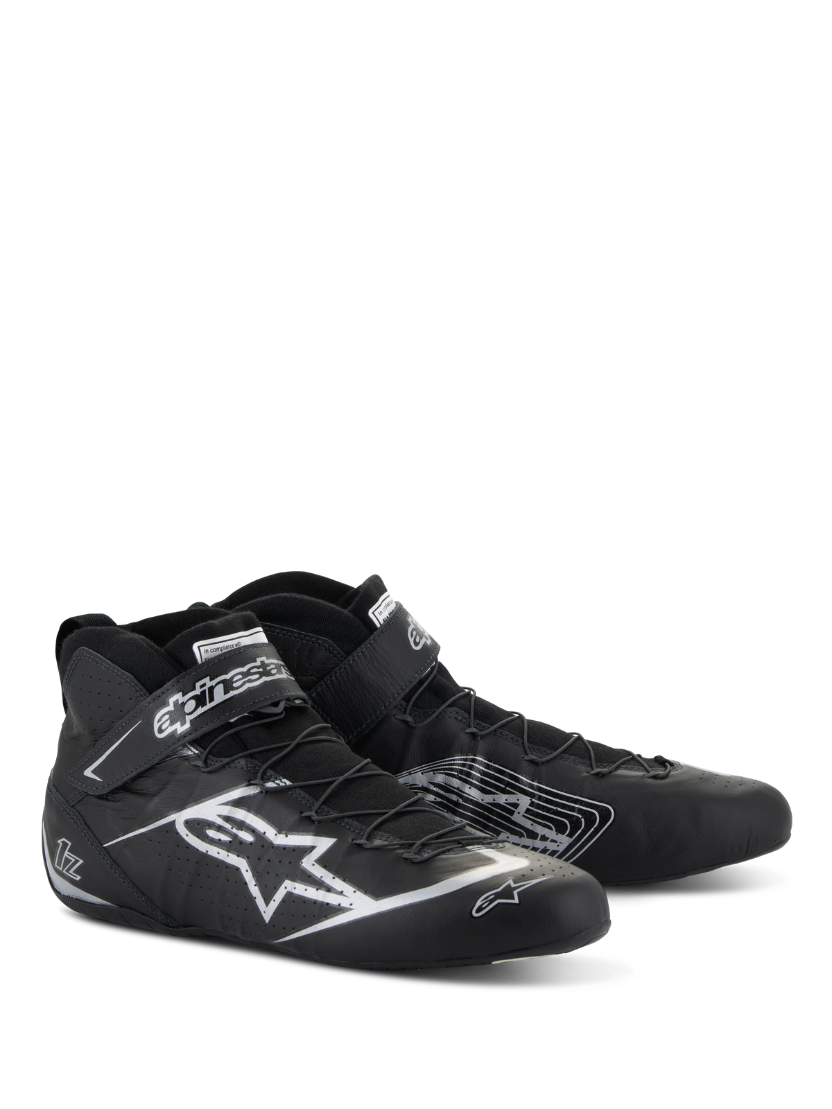 Sapatos Alpinestars Tech-1 Z V3 FIA, calçado para automobilismo, preto e prateado, couro bovino premium com logótipo da estrela Alpinestars prateado, perfil elegante de corte baixo com sistema de laço rápido e tira de Velcro