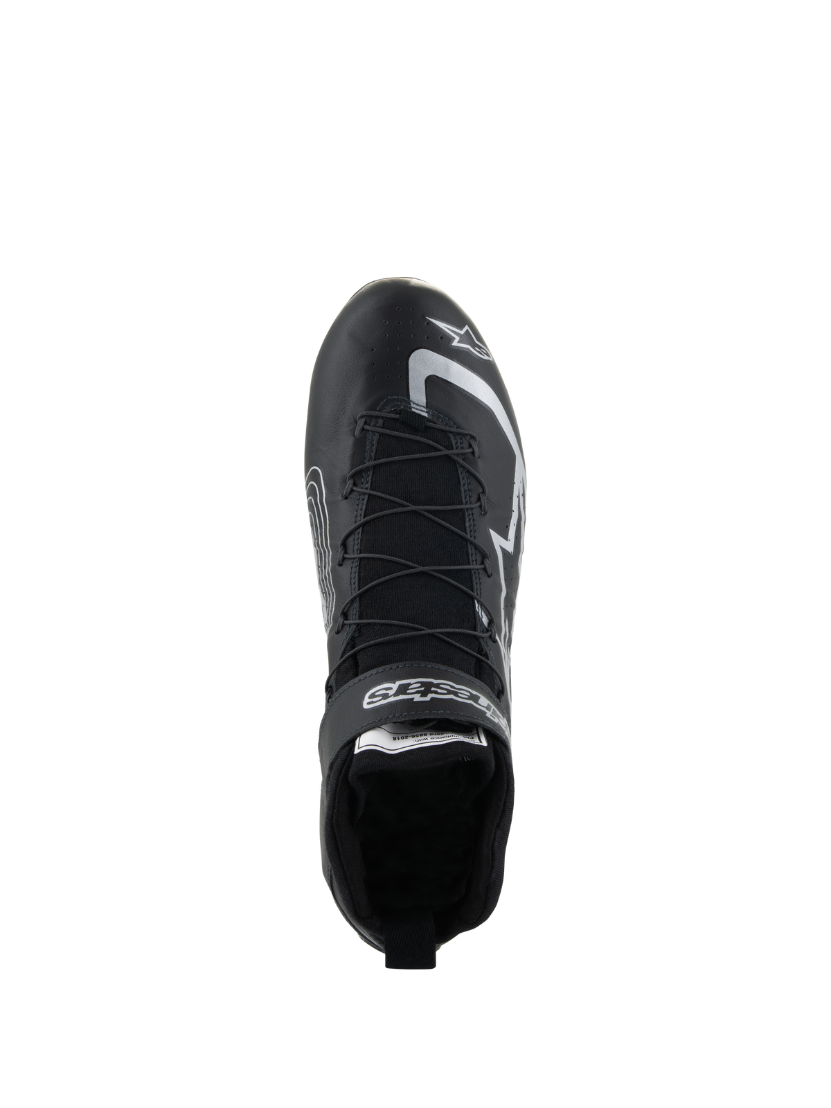 Alpinestars Tech-1 Z V3 Shoes FIA, sapatos de automobilismo, pretos e prateados, vista superior mostrando o sistema de laço rápido e logótipos Alpinestars, calçado de desporto motorizado em couro bovino profissional