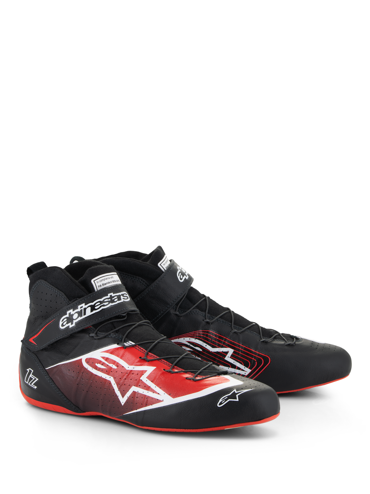 Alpinestars Tech-1 Z V3 Shoes FIA, Auto Racing Shoes, Black with Red and White accents, featuring a large white star logo on the side, thin red soles, and a precision wire lacing system with an ankle strap.