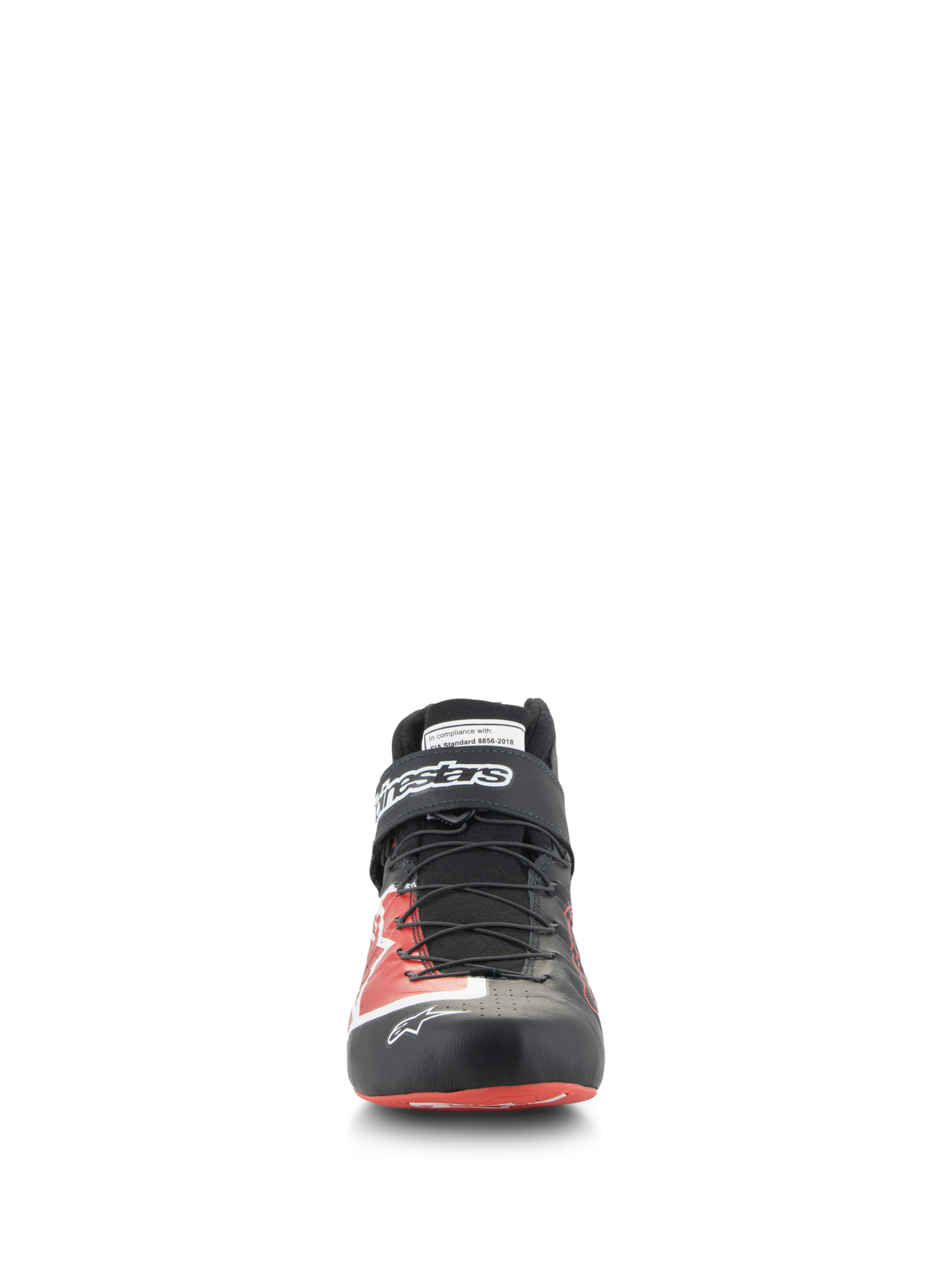 Alpinestars Tech-1 Z V3 Shoes FIA, Auto Racing Shoes, Black and Red, front view, featuring a speed lacing system, velcro ankle strap with white branding, and a premium leather upper with red graphic accents, professional motorsport footwear