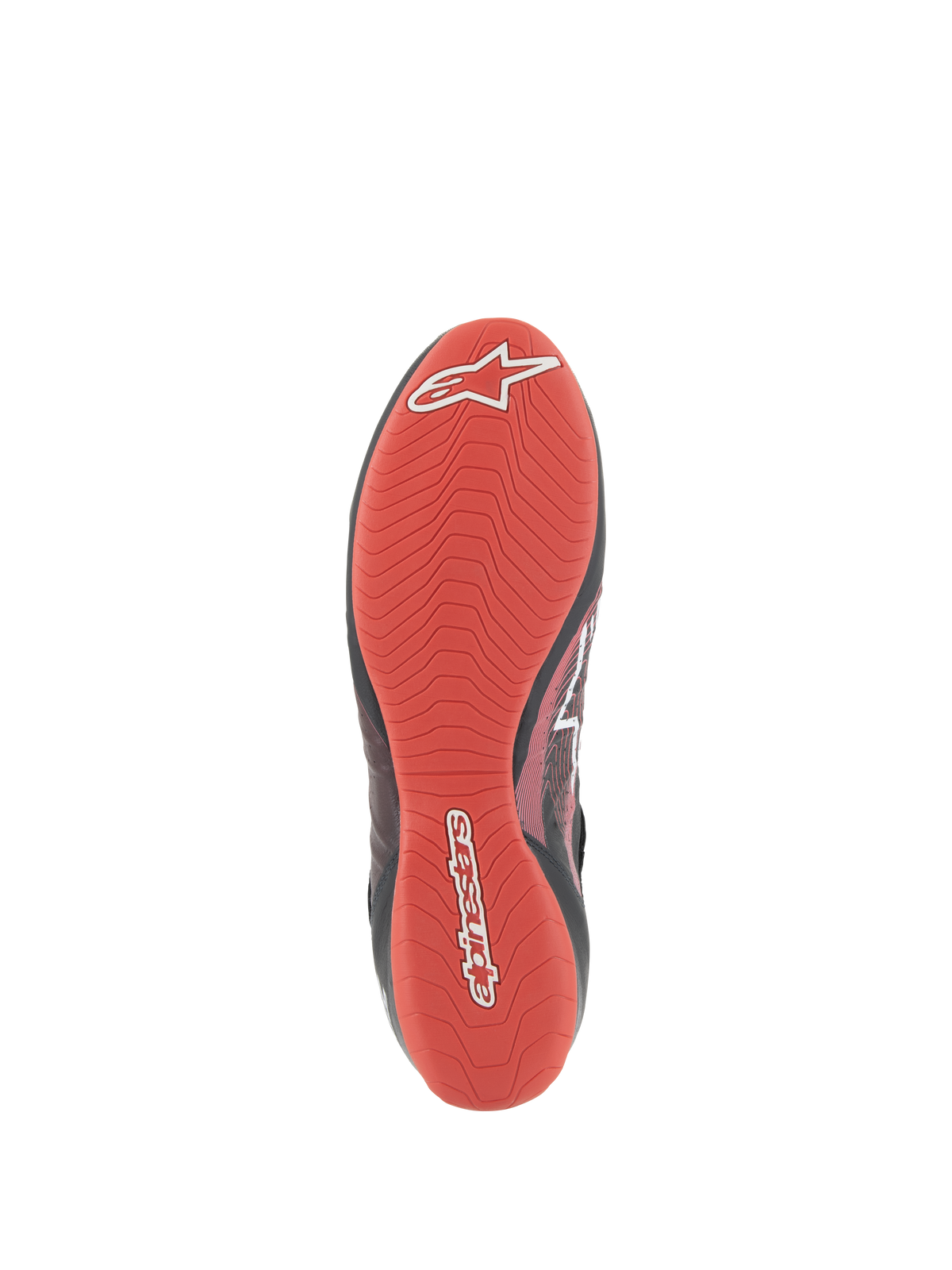 Alpinestars Tech-1 Z V3 Shoes FIA, Bottom view of racing shoe sole, Vibrant Red textured rubber, Asymmetric tread pattern for high grip and pedal sensitivity, White Alpinestars logo and script branding