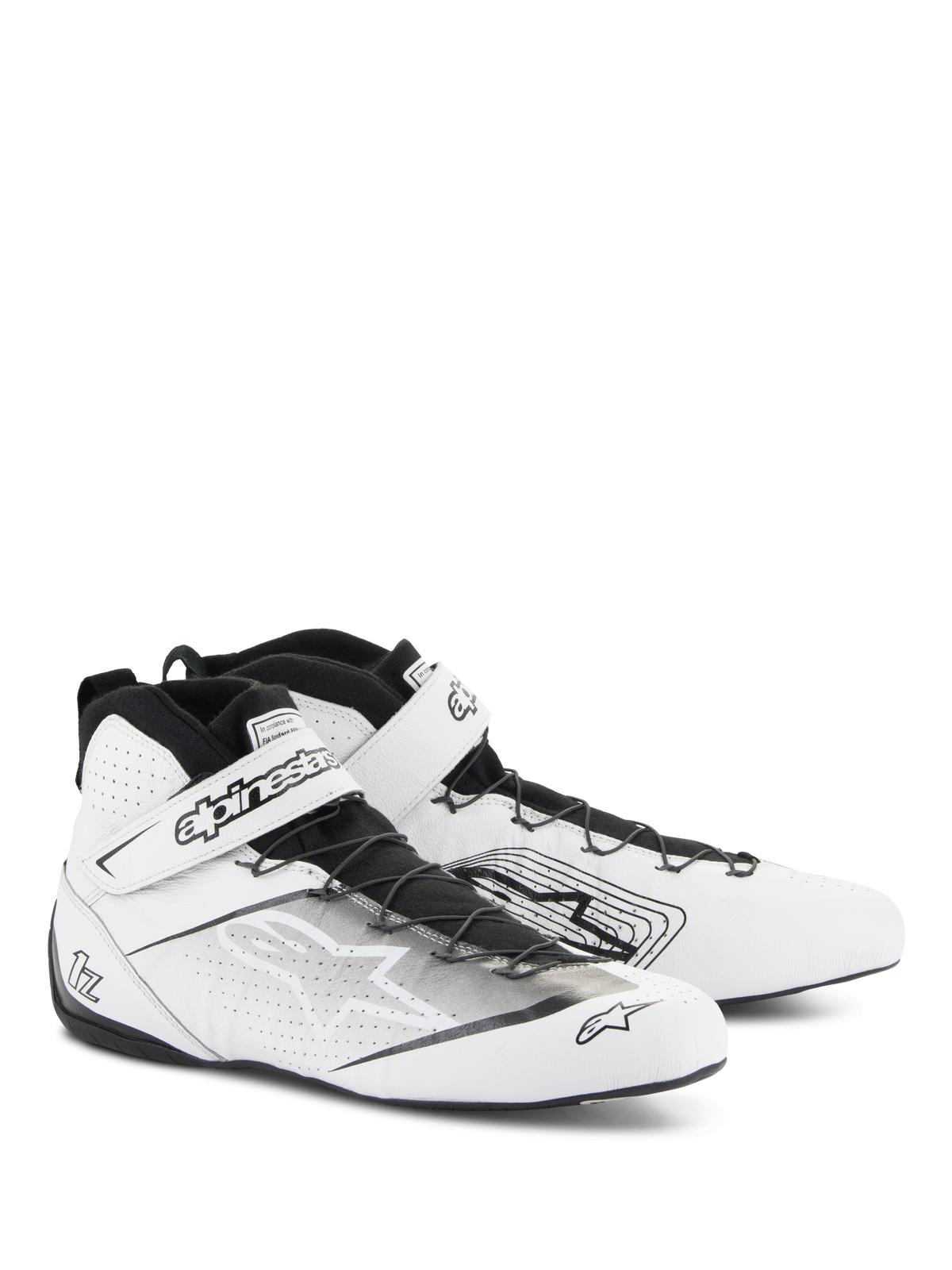 Alpinestars Tech-1 Z V3 Shoes FIA, sapatos de automobilismo, brancos e pretos, com couro bovino premium e painéis perfurados, sistema de atacadores rápidos com tira de Velcro segura, design elegante e profissional de desportos motorizados