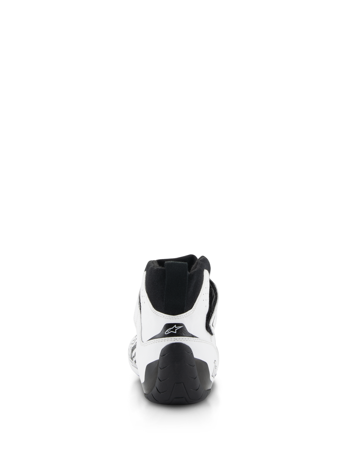Sapatos Alpinestars Tech-1 Z V3 FIA, sapatos de automobilismo, brancos e pretos, vista traseira com aba de puxar no calcanhar em preto, sola de borracha texturizada e parte superior em couro bovino branco com o logótipo de estrela da Alpinestars