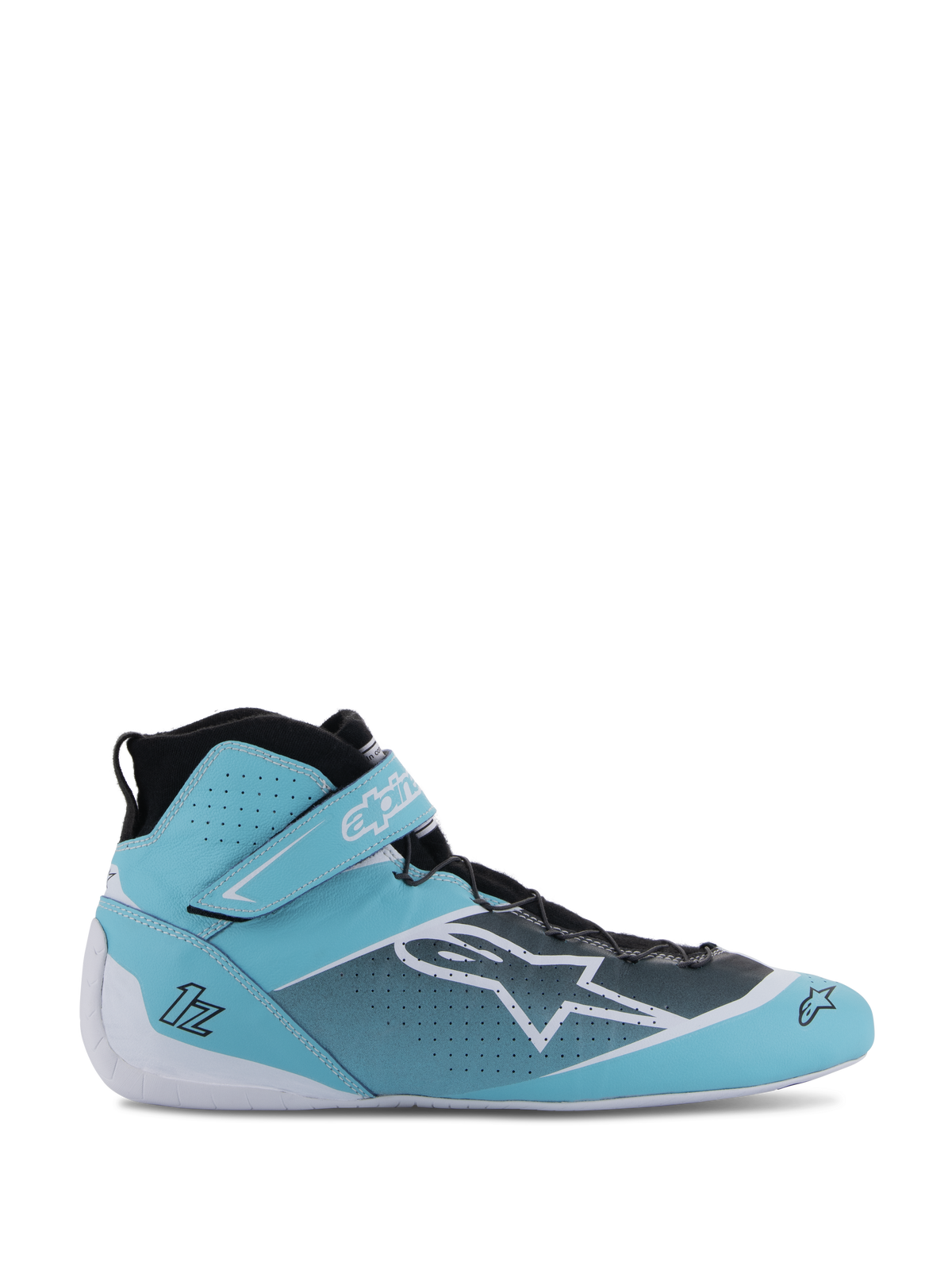 Alpinestars Tech-1 Z V3 Shoes FIA, professional auto racing shoes, Light Teal, White and Black, high-top design with Velcro ankle strap, perforated bovine leather upper, speed lacing system, lateral profile view showing Alpinestars star logo and FIA certified construction