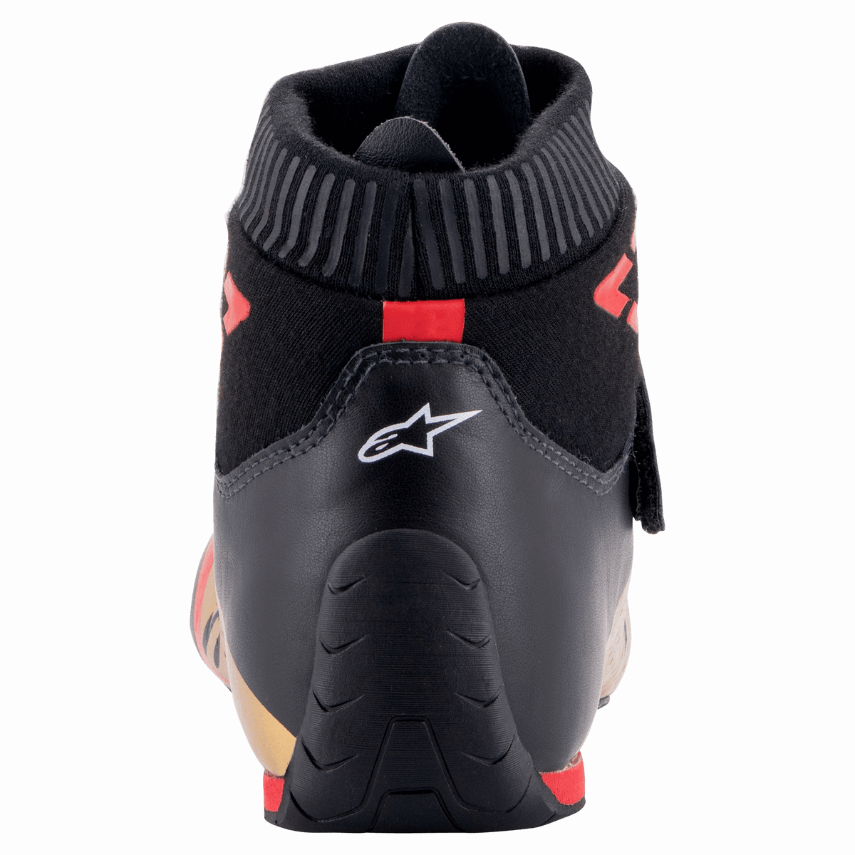 Alpinestars Supermono V2 Shoes FIA, Rear view of racing shoe heel, Black with white star logo and red accents, featuring a ribbed fireproof collar and streamlined leather construction