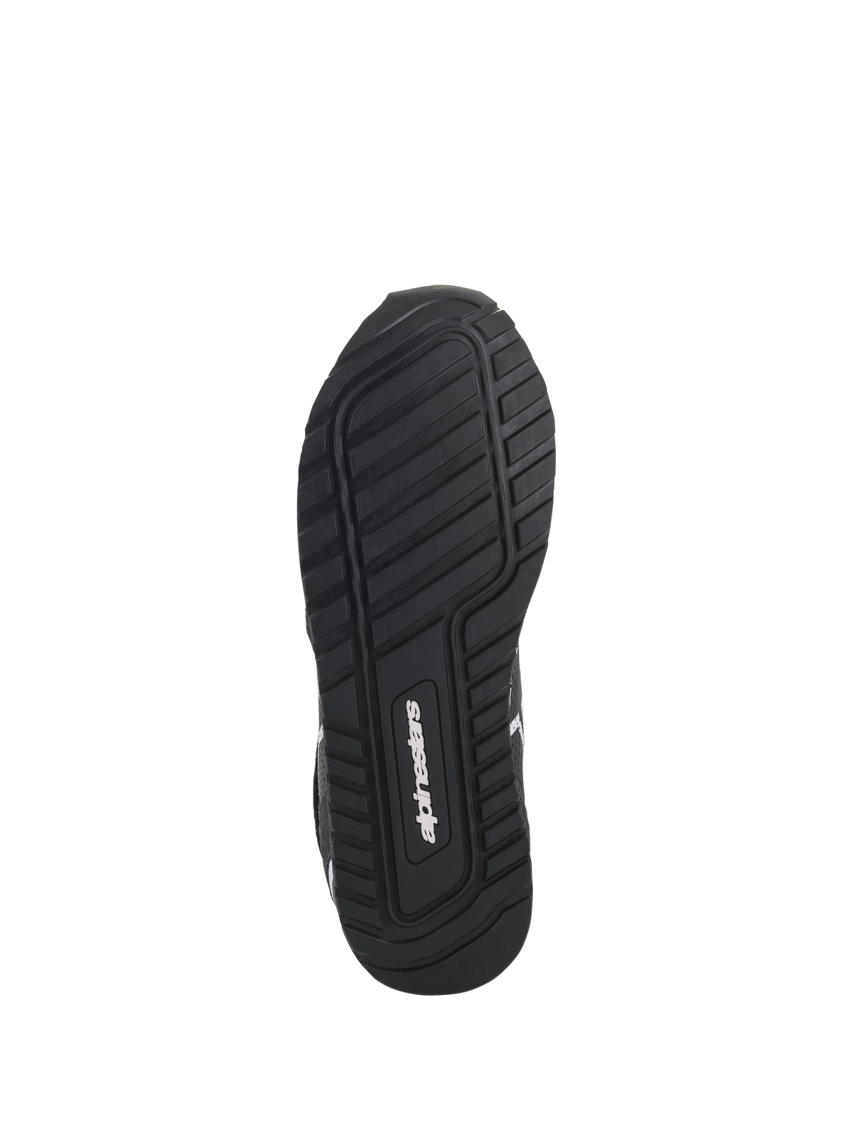 Sapatos Radar da Alpinestars, pretos e brancos, vista inferior mostrando a sola de composto de borracha exclusiva com padrão de rasto texturizado para aderência e estabilidade, apresentando o logótipo da Alpinestars no centro.