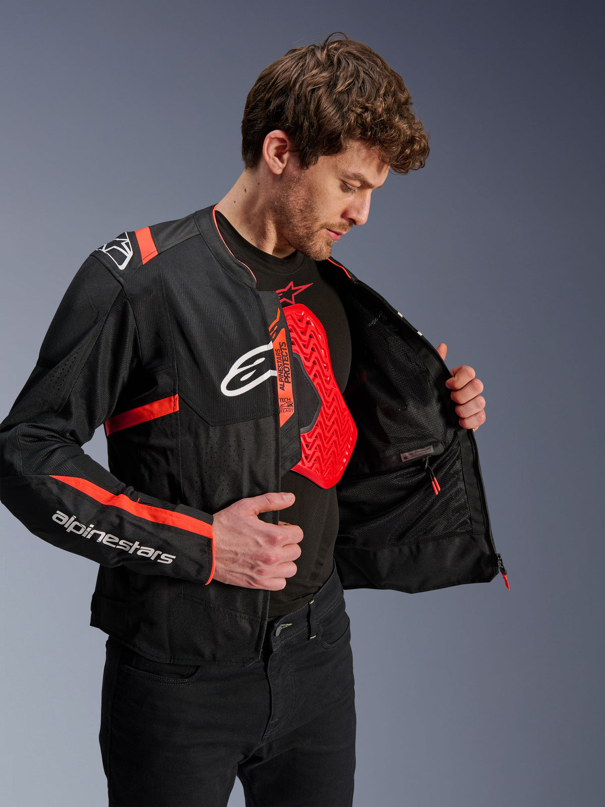 Casaco de moto Alpinestars T-SPS Air V2 para homem, preto e vermelho, com peitoral Nucleon e interior em malha