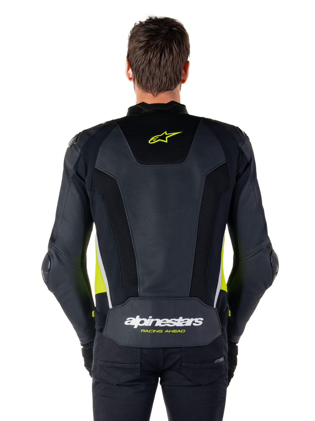 Alpinestars Missile V3 Airflow Leather Jacket, vista traseira, preto com detalhes em amarelo fluo e branco, amplos painéis de couro perfurado para ventilação, logótipos Alpinestars na parte superior e inferior das costas, casaco de motociclismo desportivo inspirado na competição