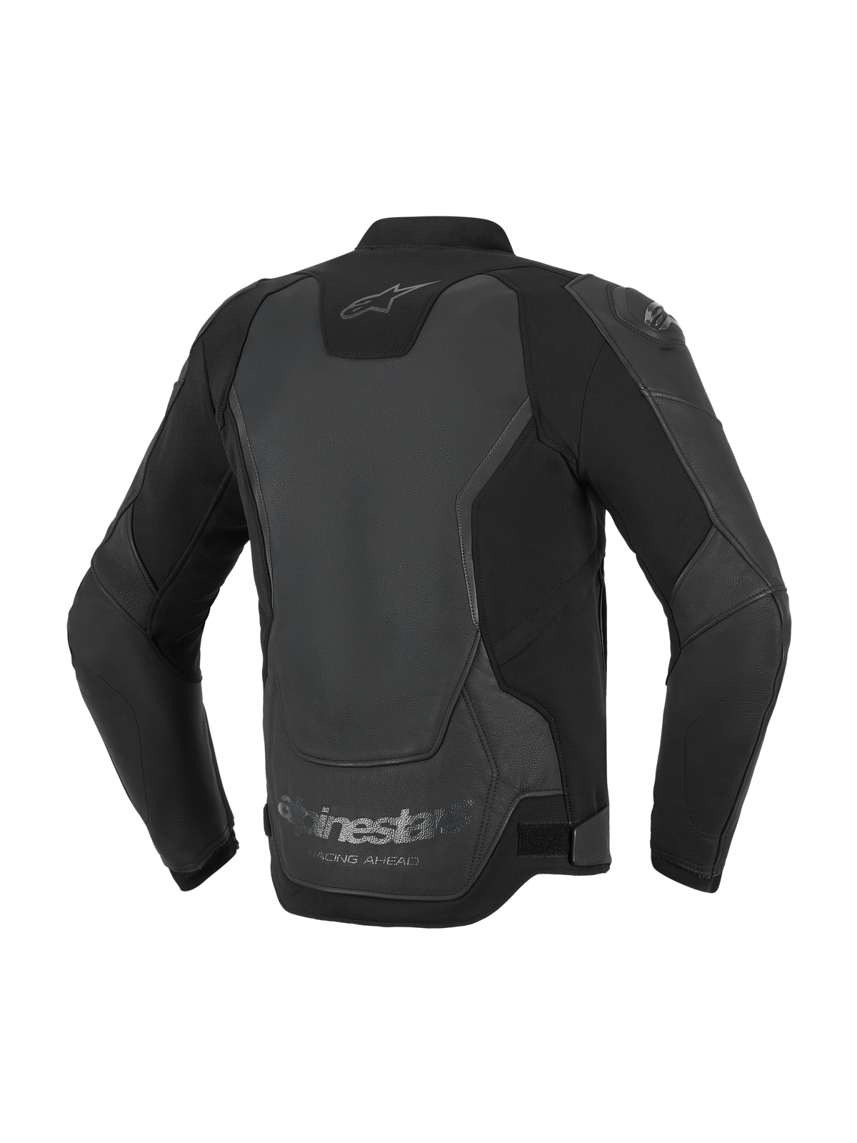 Alpinestars GP Force V2 Leather Jacket, Motorcycle Jacket, Black, back view highlighting multi-panel leather and textile construction, featuring the Alpinestars logo on the neck and 'Racing Ahead' branding at the lower hem.