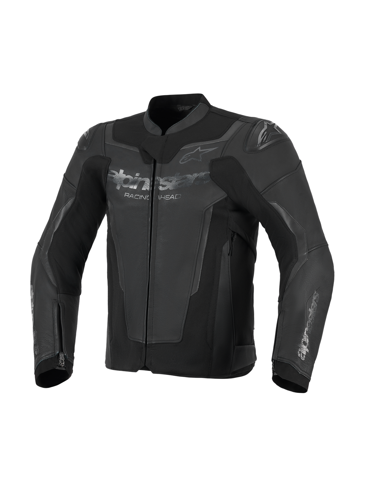 Alpinestars GP Force V2 Leather Jacket, Black, premium bovine leather construction with high-stretch panels, featuring integrated GP Lite Evo DFS shoulder protectors and Alpinestars logos on the chest and sleeves, sport motorcycle riding gear