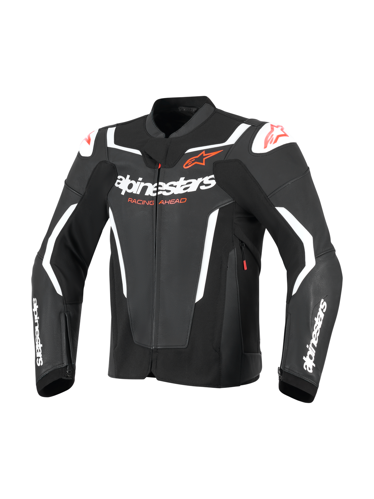 Alpinestars GP Force V2 Leather Jacket, casaco de motociclismo desportivo, preto e branco, com a marca Alpinestars em destaque a branco no peito e nas mangas, logótipos de estrela vermelhos e sliders externos nos ombros, design de pele inspirado em competição profissional.
