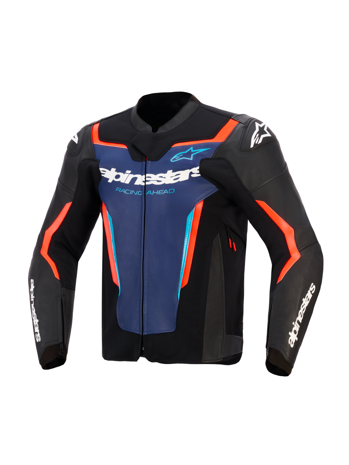 Casaco de Pele Alpinestars GP Force V2, preto, azul e vermelho fluorescente, vista frontal com painel azul no peito, logótipos brancos 'Alpinestars' e 'Racing Ahead', detalhes em laranja néon, logótipos brancos nos ombros e mangas, concebido para condução de motos desportivas