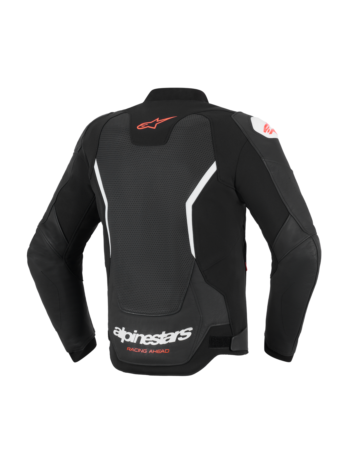 Casaco de Couro Alpinestars GP Force V2 Air, vista traseira, preto e branco, com painel traseiro perfurado extenso para ventilação, logótipo Alpinestars vermelho na parte superior das costas, marca branca na parte inferior das costas, construção em couro bovino premium para condução desportiva