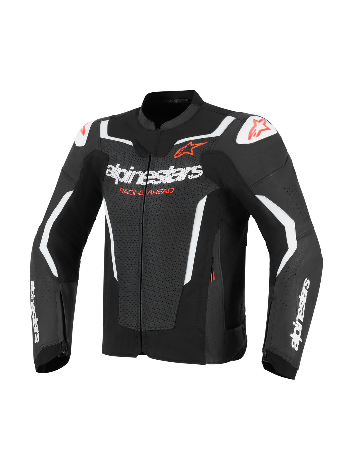 Casaco de Couro Alpinestars GP Force V2 Air, casaco de motociclismo, preto e branco com detalhes vermelhos, com painéis de couro perfurado para fluxo de ar, logótipos Alpinestars brancos e texto 'Racing Ahead', sliders de ombro DFS, design desportivo de competição