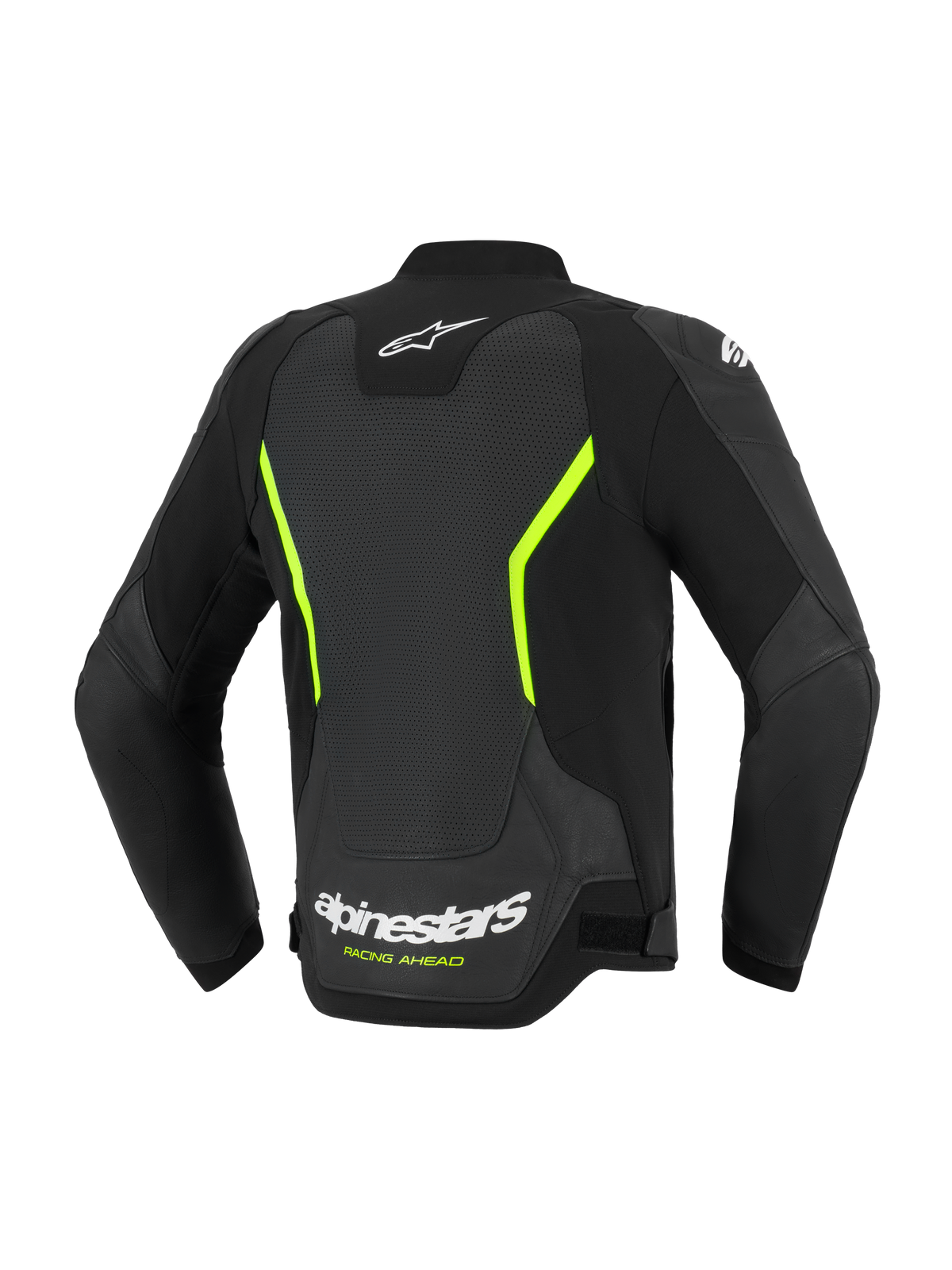 Casaco de Couro Alpinestars GP Force V2 Air, casaco de motociclismo de estrada, preto e amarelo fluo, vista traseira que destaca grandes painéis de couro perfurado, logótipos Alpinestars brancos, detalhes em amarelo vibrante e um ajuste desportivo de performance