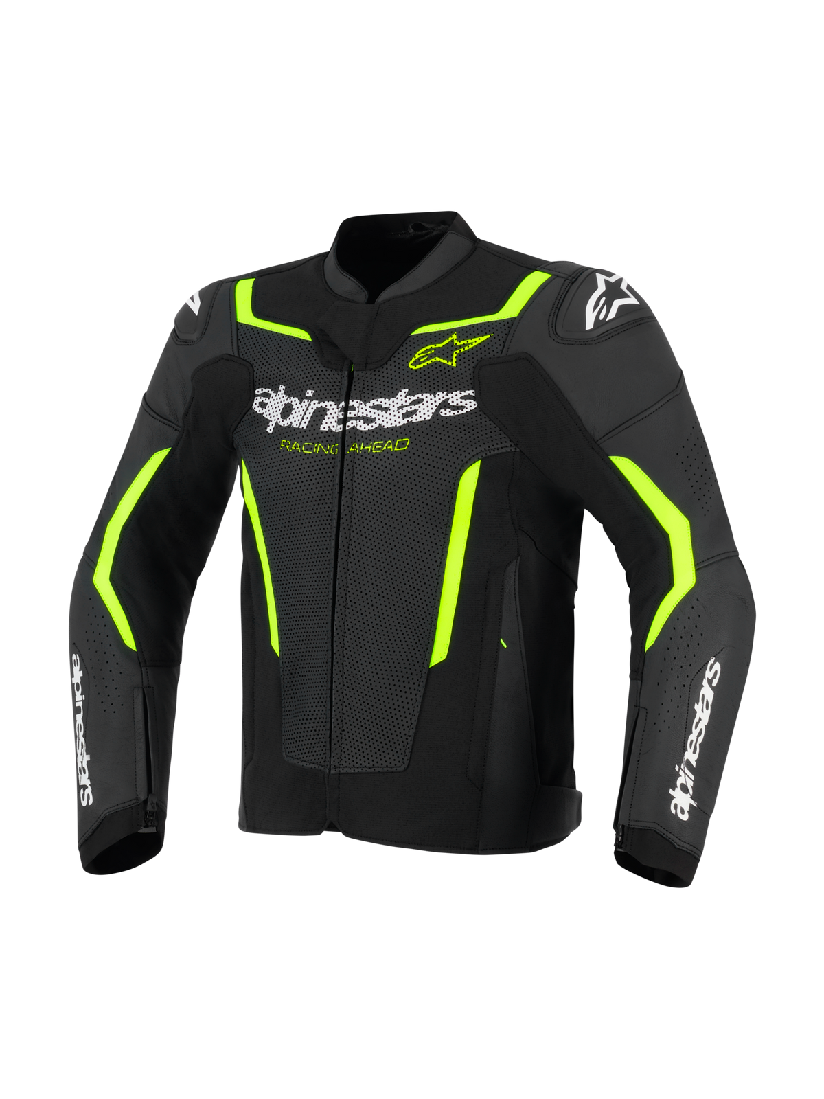 Alpinestars GP Force V2 Air Leather Jacket, casaco de motociclismo em couro, preto e amarelo flúor, com painéis de couro perfurado para circulação de ar, logótipo Alpinestars branco no peito e antebraços, e pormenores em amarelo fluorescente nos ombros e mangas para um visual desportivo.