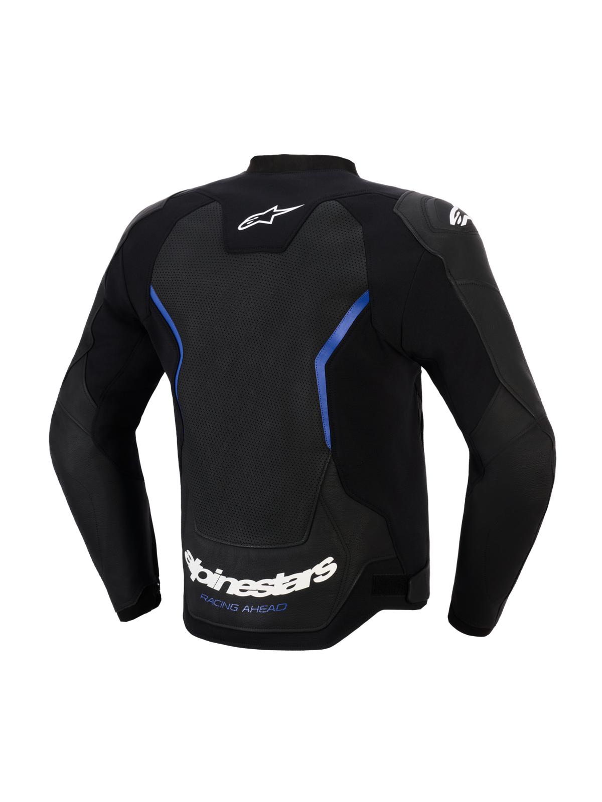 Casaco de Pele Alpinestars GP Force V2 Airflow, vista traseira, preto e azul metálico, painel traseiro em pele perfurada de grandes dimensões para ventilação, logótipo Alpinestars branco e slogan 'RACING AHEAD' na bainha inferior, equipamento de condução desportiva profissional
