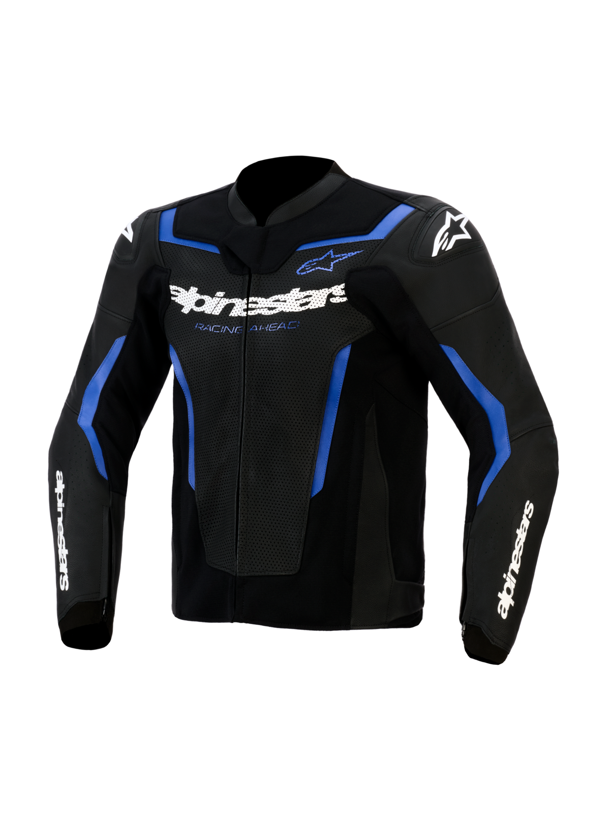 Casaco de Pele Alpinestars GP Force V2 Airflow, preto e azul metálico, painéis de pele perfurada no peito, marca Alpinestars a branco com o texto 'Racing Ahead', design desportivo com detalhes em azul e logótipos de estrela brancos nos ombros, equipamento profissional para motociclismo