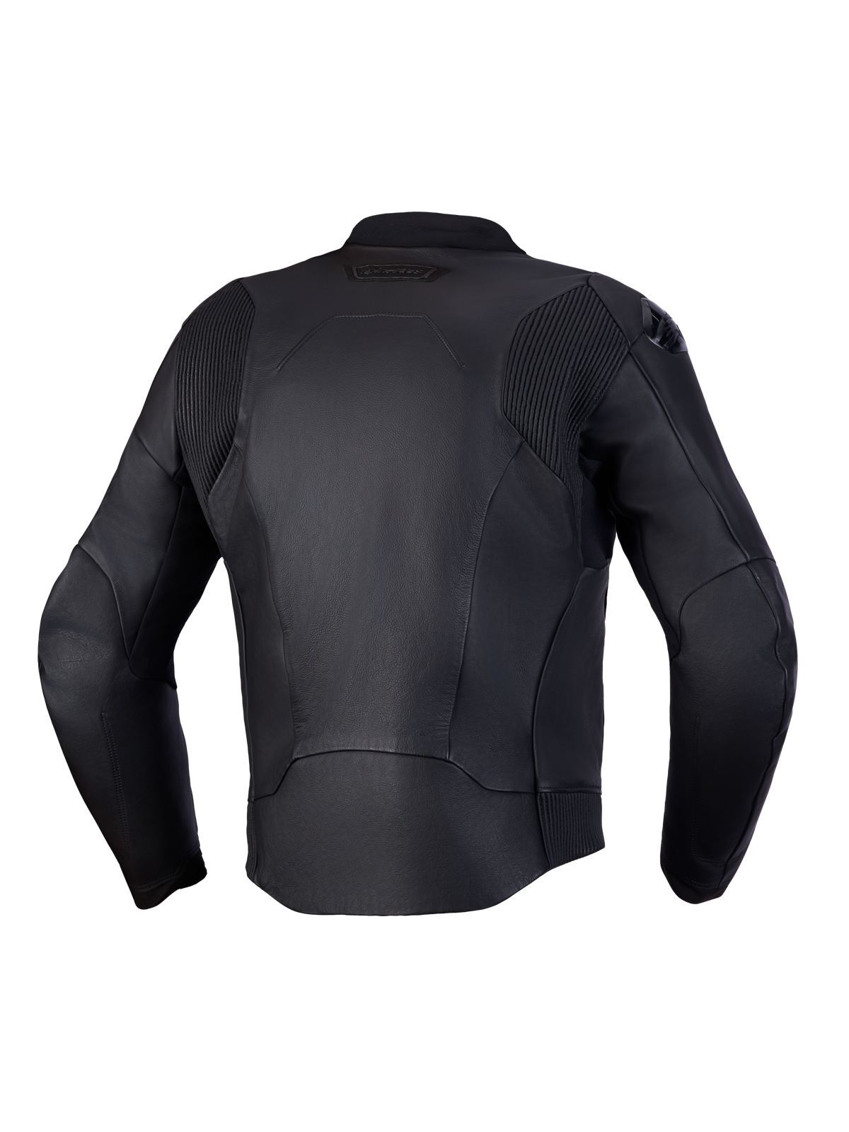Alpinestars Caliber V 2 Casaco de couro, casaco de moto desportivo em couro certificado CE, preto, vista traseira mostrando painéis extensíveis em acordeão em couro nos ombros e cintura
