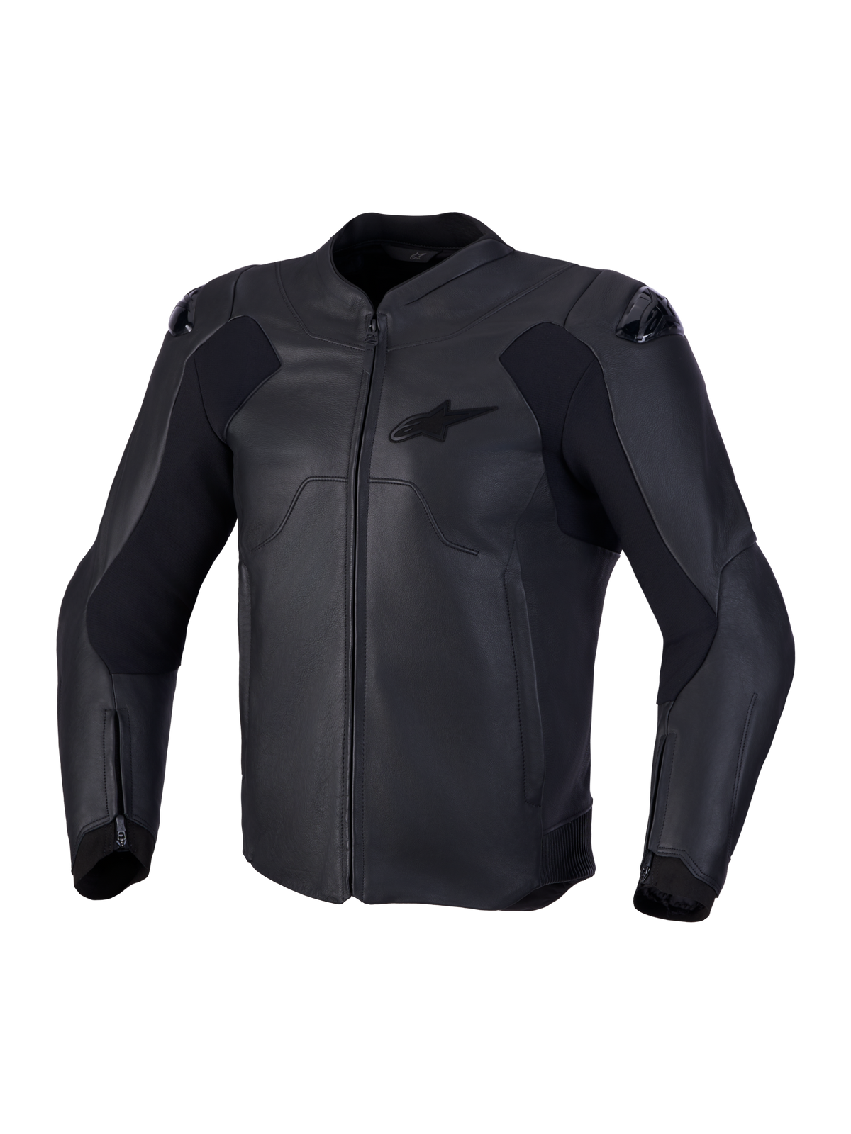 Alpinestars Caliber V2, casaco de moto em couro preto, certificado CE com proteção nos ombros e painéis elásticos