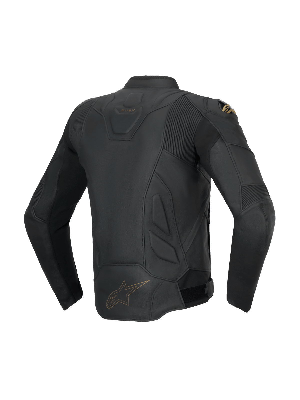 Alpinestars Jaqueta De Couro Dusk, casaco de moto para homem, preto e dourado, vista traseira com painéis em acordeão.