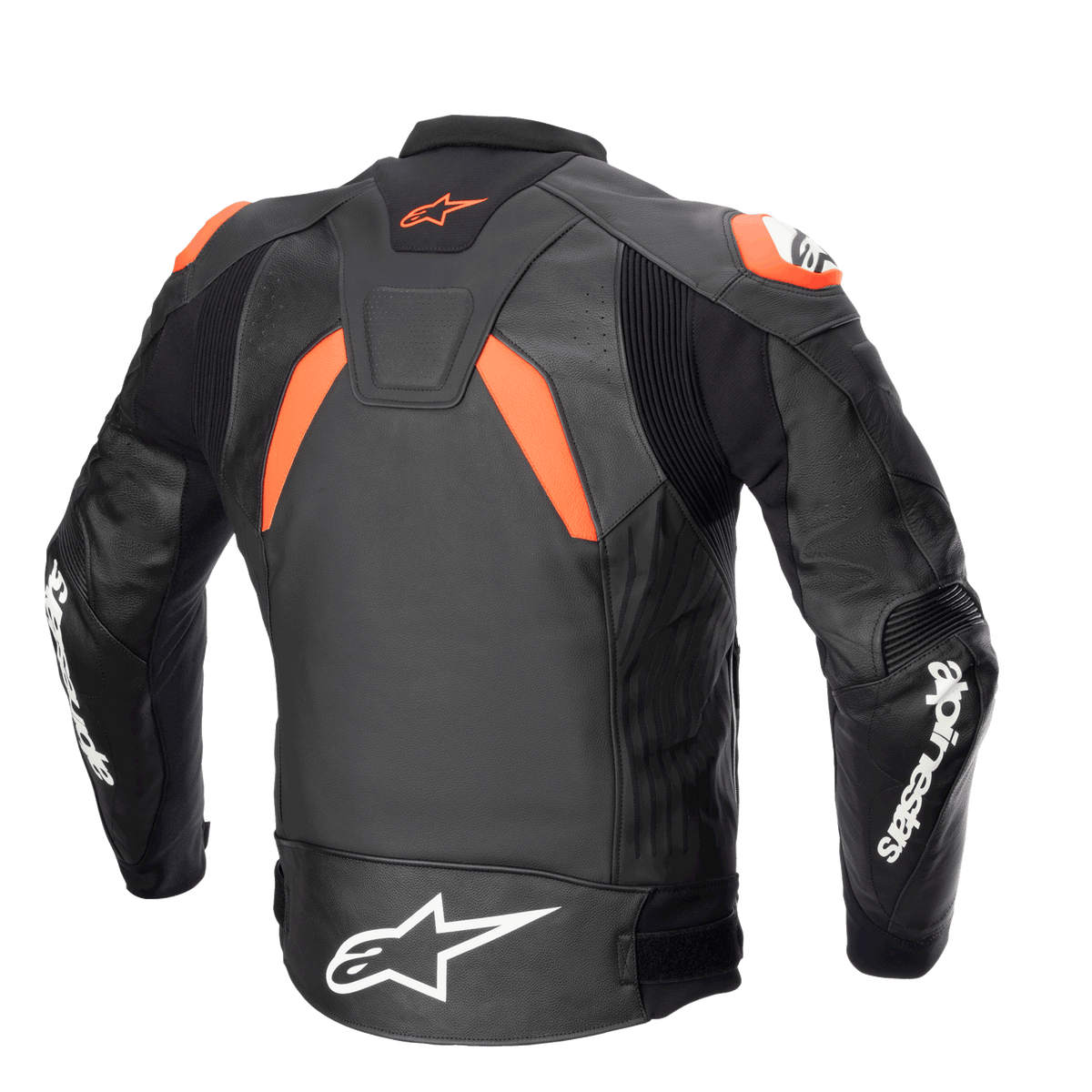 Alpinestars GP Plus V4 Leather Jacket, Black Red Fluo and White, back view showing performance stretch panels and shoulder sliders, bold white Alpinestars logos on sleeves and waist, race-inspired sport silhouette