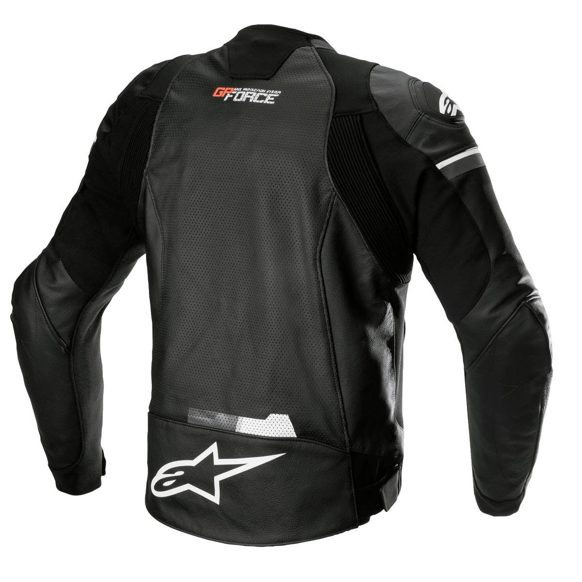 Casaco de Pele Alpinestars GP Force Airflow, preto, vista traseira com pele de búfalo perfurada para ventilação, marca GP Force na gola, logótipo da estrela Alpinestars grande a branco na parte inferior das costas e painéis elásticos integrados para um ajuste de condução desportiva.