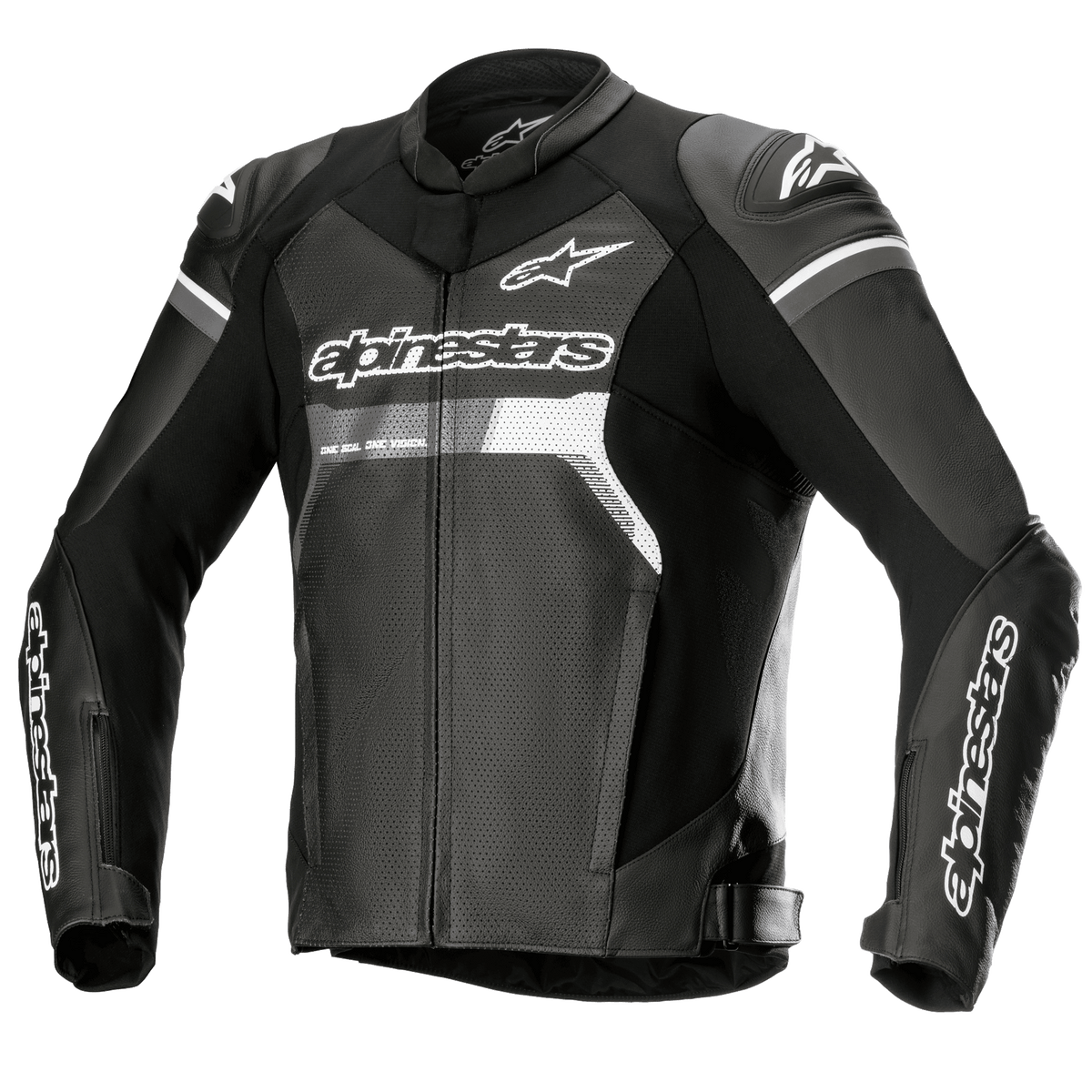 Casaco de Pele Alpinestars GP Force Airflow, preto com detalhes brancos e cinzentos, casaco de motociclismo, pele totalmente perfurada no peito e costas para ventilação, sliders externos de ombro DFS Lite, logótipos Alpinestars em branco no peito e mangas, design desportivo para estrada