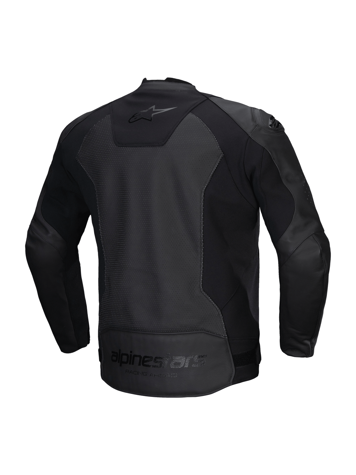 Alpinestars Faster V3 Airflow Leather Jacket, casaco de moto desportivo para homem, preto, certificado CE, construção em couro perfurado com painéis elásticos, vista traseira mostrando inserções elásticas e logótipo