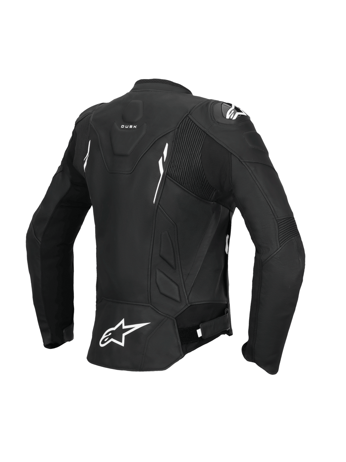 Alpinestars Stella Dusk Leather Jacket, casaco de moto em couro para mulher, vista traseira em preto e branco, certificado CE de classe AA com painéis elásticos em acordeão