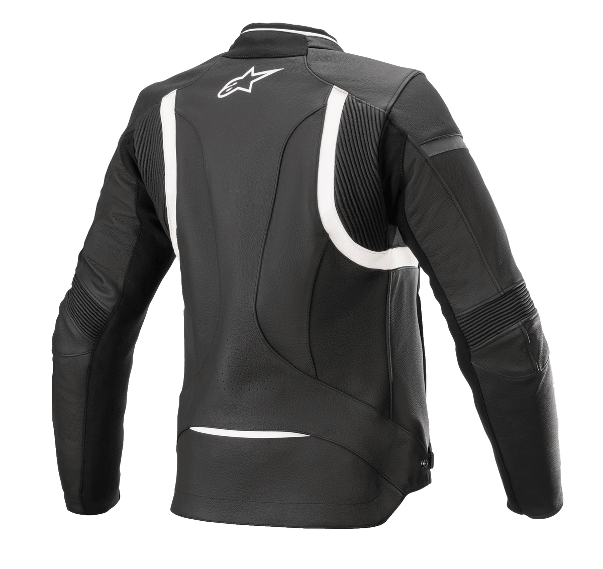 Jaqueta de Couro Stella Kira V2 Feminina da Alpinestars, preto e branco, vista traseira realçando painéis elásticos de acordeão nas costas e cotovelos, parte traseira alongada para maior cobertura ao pilotar, logótipo branco da Alpinestars na parte superior das costas, construção em couro bovino premium.