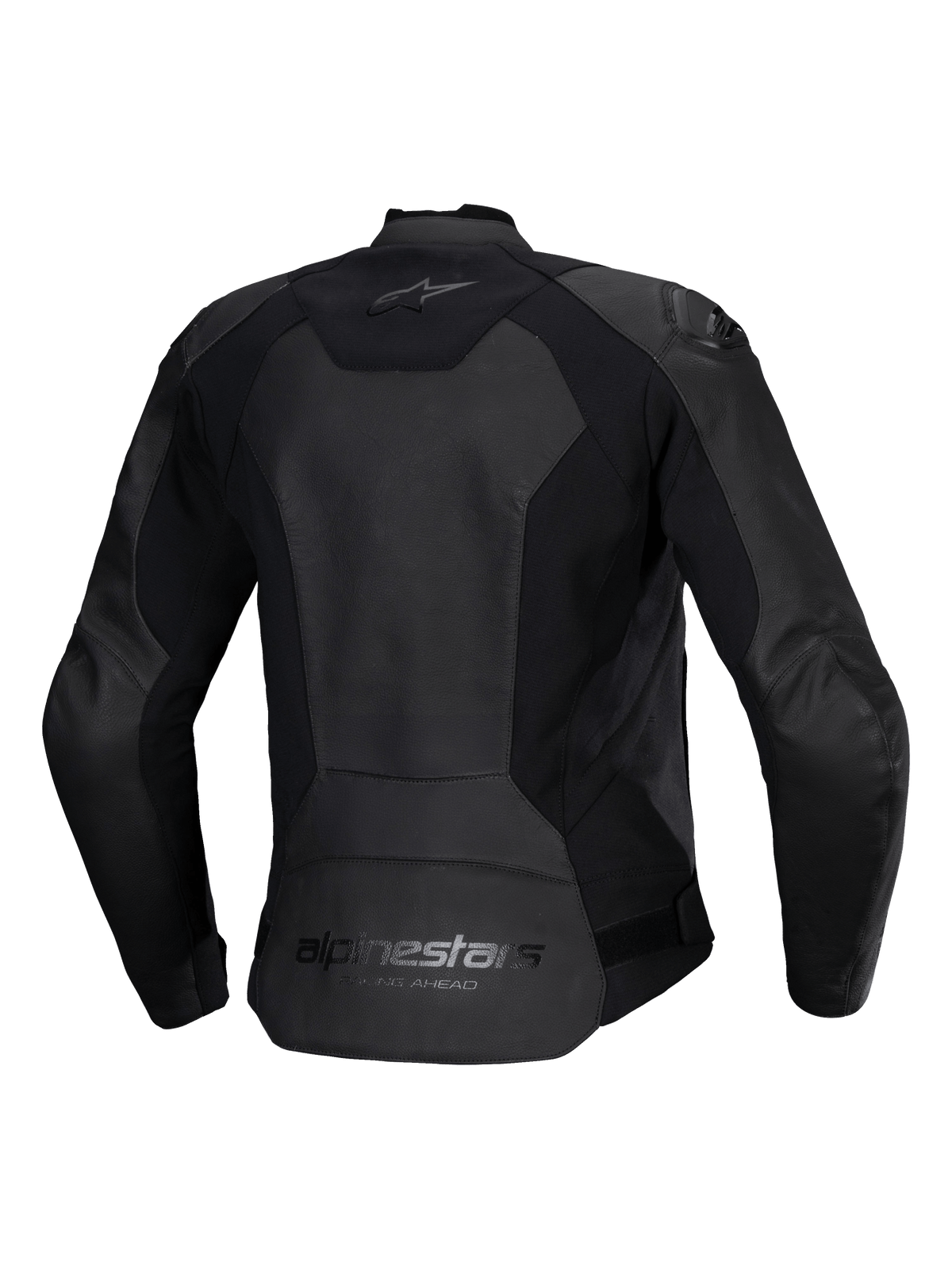 Alpinestars Woman Stella Faster V3 Leather Jacket, casaco de motociclismo em pele para mulher, preto, vista traseira com o logótipo Alpinestars na parte superior e inferior das costas, painéis elásticos para mobilidade e parte traseira alongada para maior cobertura.