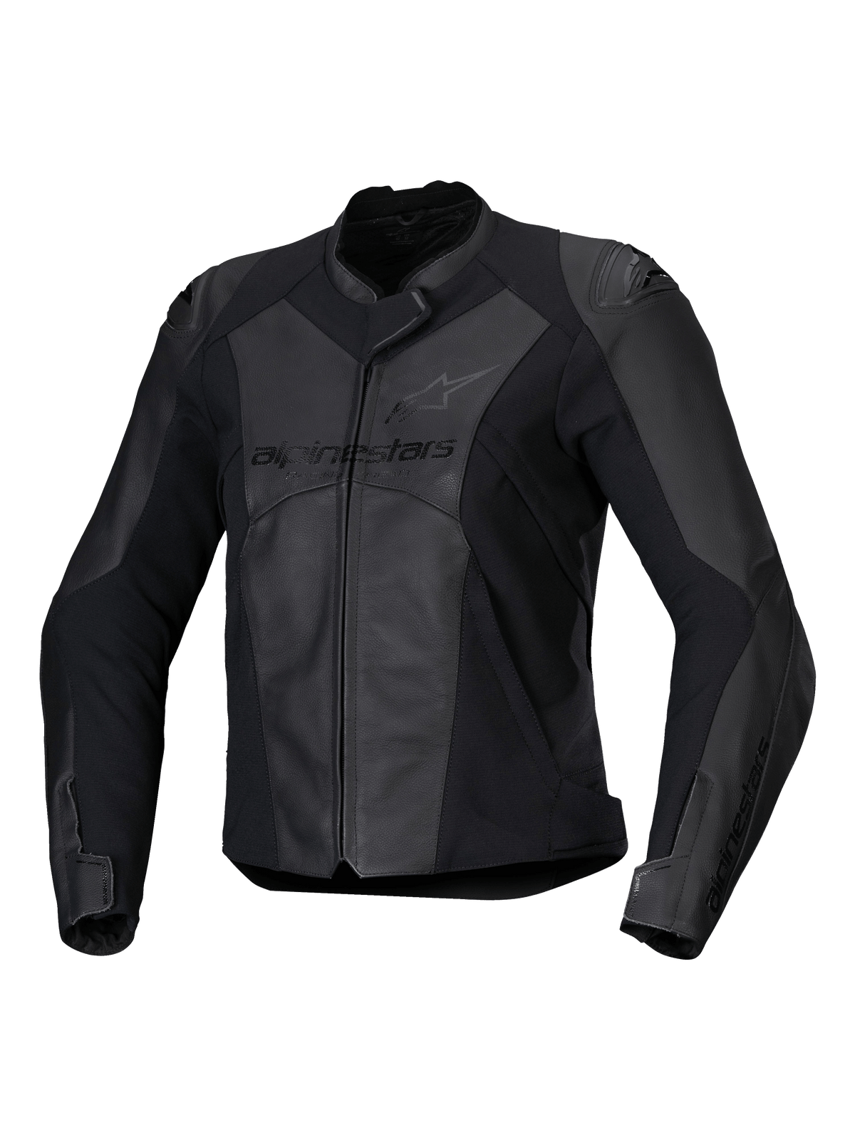Casaco de pele Alpinestars Stella Faster V3, casaco de motociclismo desportivo para mulher, preto e cinzento escuro, construção em pele premium e tecido com painéis elásticos HRSF, proteção com certificação CE, gola alta e fecho frontal, ajuste elegante derivado das corridas