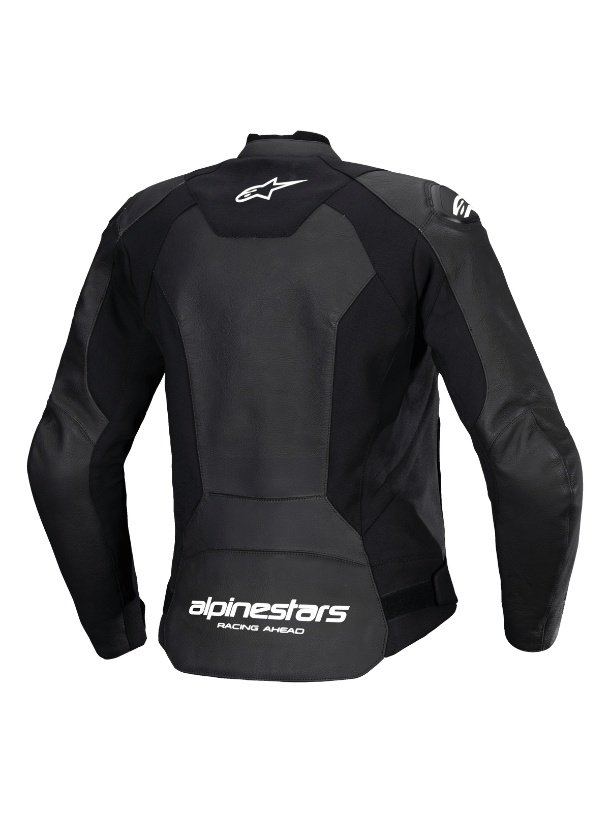 Casaco de Pele Alpinestars Stella Faster V3, casaco de motociclismo desportivo para mulher, preto e branco, vista traseira mostrando a construção em pele de múltiplos painéis e tecido elástico, logótipo Alpinestars branco na parte superior das costas e marca na zona inferior, ajuste atlético elegante para condução de performance