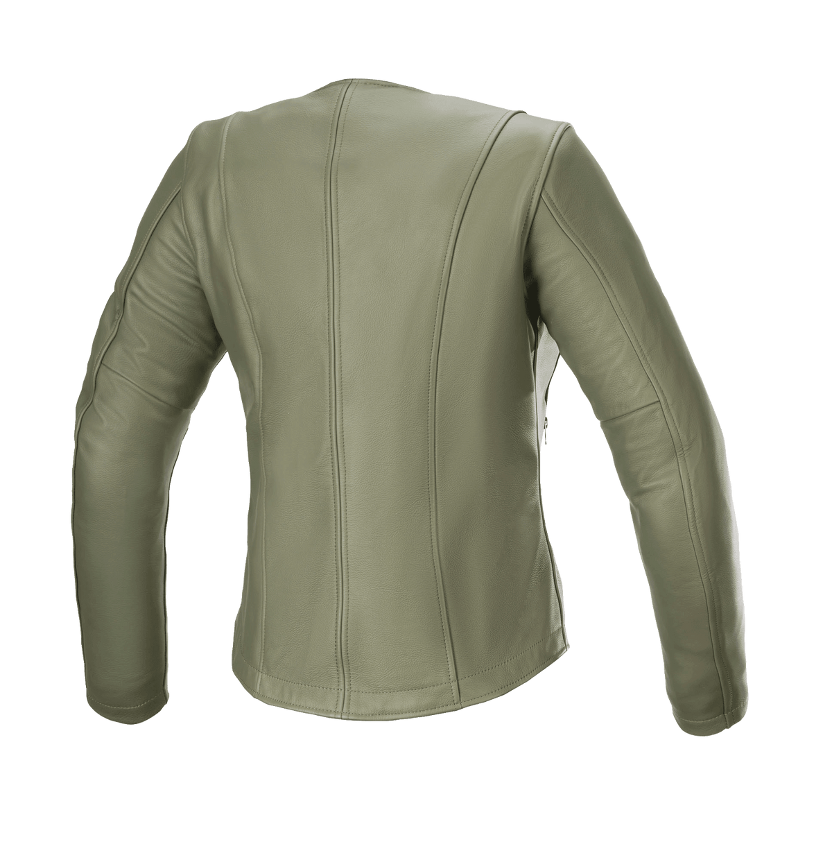 Alpinestars Women's Alice Leather Jacket, Verde Militar, vista traseira, casaco de motociclismo em pele premium com costuras verticais elegantes e mangas pré-curvadas para um ajuste feminino urbano
