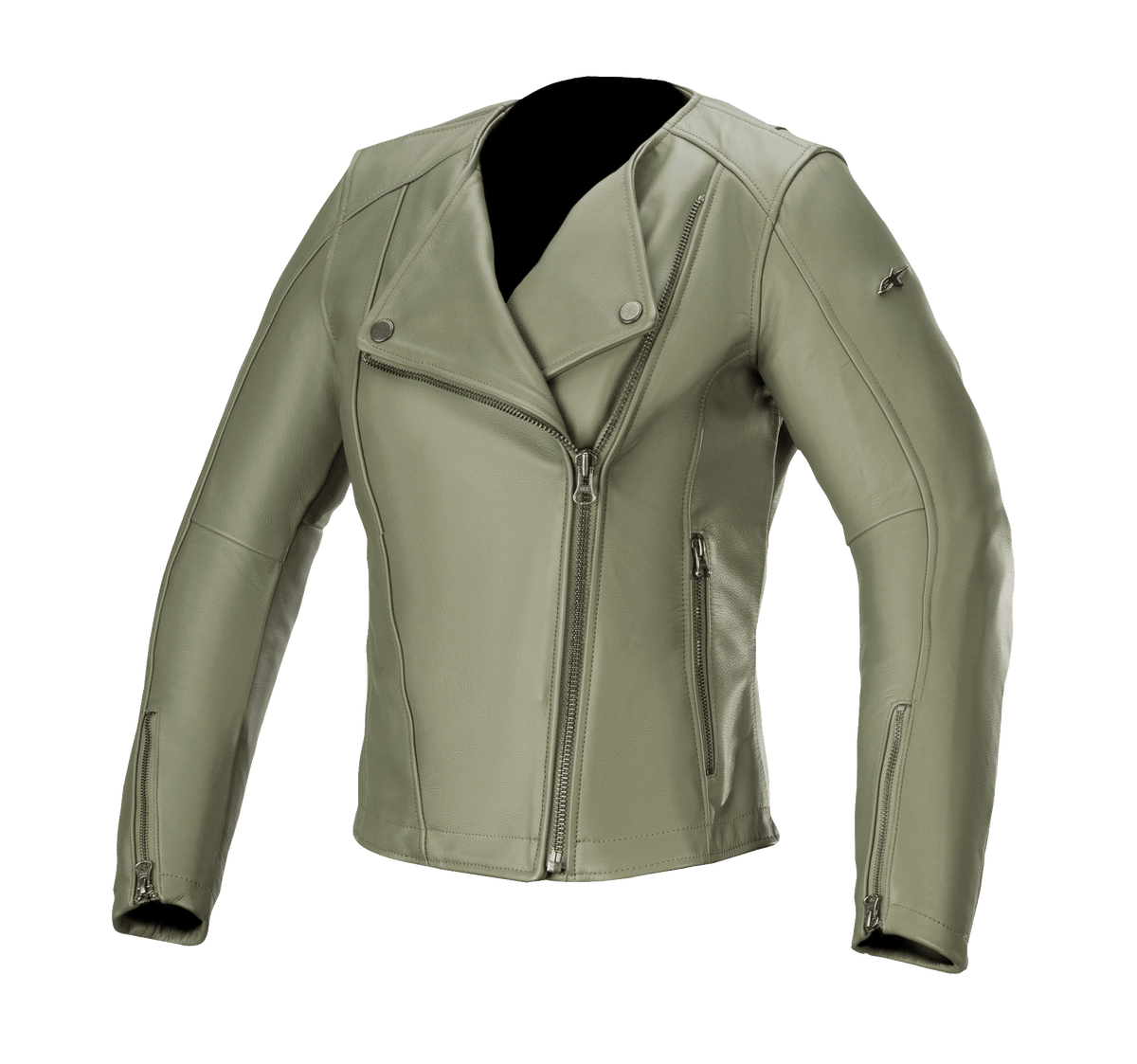 Alpinestars Alice Women's Leather Jacket, Verde Militar, casaco de motociclismo em pele com fecho de correr frontal assimétrico, gola com botões de pressão, punhos com fechos de correr, construção em pele bovina premium, corte feminino ajustado para condução urbana