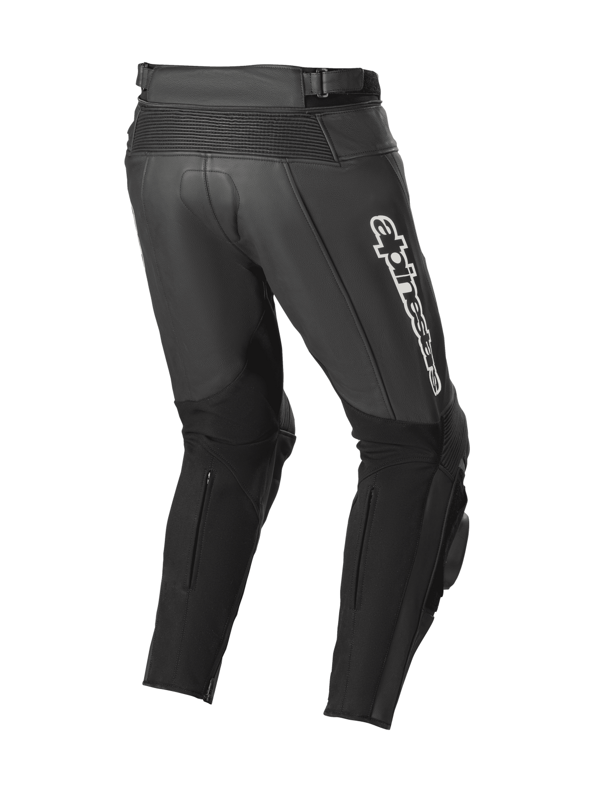 Alpinestars Track V2 Leather Pants, pretas, vista traseira mostrando zonas de couro em acordeão, logótipo Alpinestars branco na coxa, grandes painéis elásticos nas panturrilhas e deslizadores de joelho integrados para uso em pista e na rua