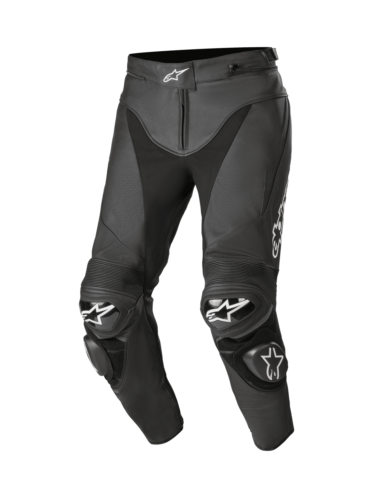 Alpinestars Track V2 Leather Pants, calças de pele pretas para corrida de motociclismo, com logótipos de estrela brancos na cintura e joelhos, construção em pele perfurada, painéis flexíveis em acordeão acima dos joelhos e sliders de joelho em TPU substituíveis, pele bovina premium de 1,3 mm com construção de perna pré-curvada para desempenho em corrida