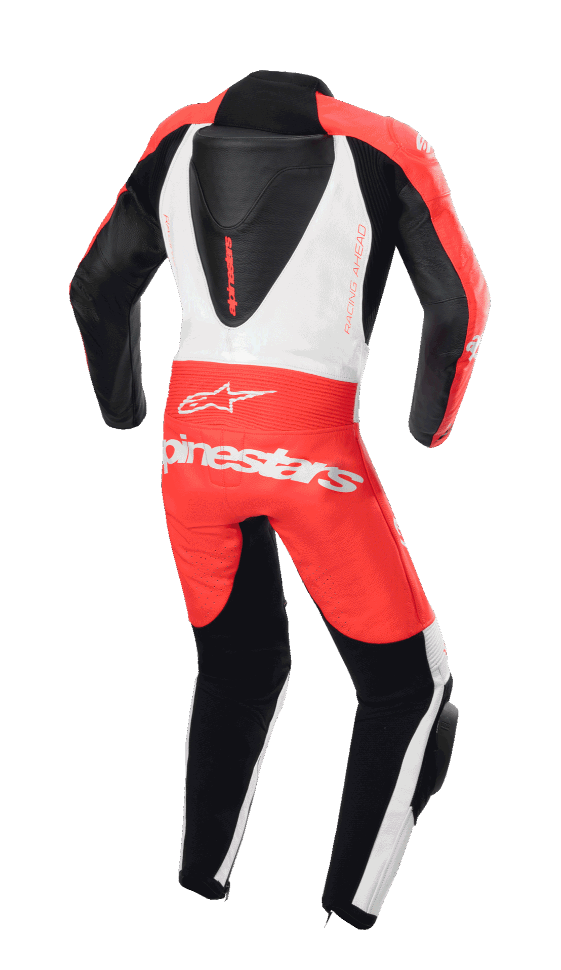 Alpinestars Youth GP Plus V2 1-Piece Leather Suit, Rear View, Red Fluo White and Black, featuring aerodynamic back hump and Alpinestars branding, professional racing design for youth riders
