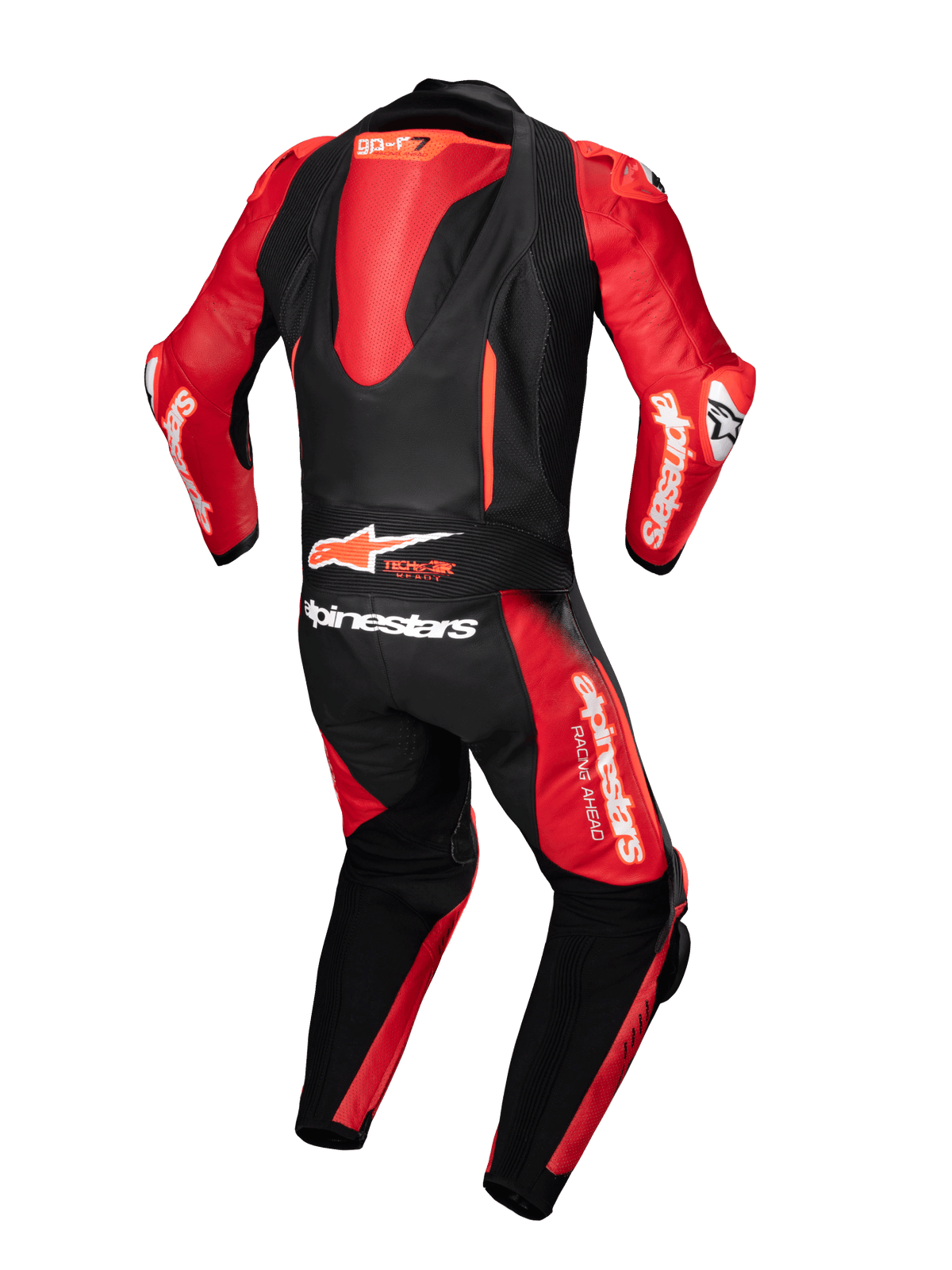 Alpinestars GP-R7 1 peça, macacão de couro, preto e vermelho, com corcunda aerodinâmica e logótipo Tech-Air Ready, vista traseira