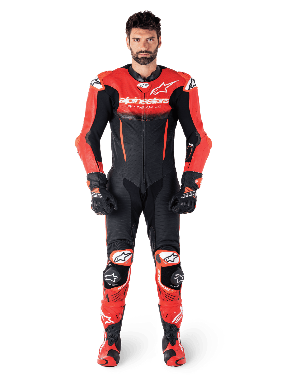 Alpinestars macacão de couro GP-R7 1 peça para homem, preto e vermelho médio, couro bovino com logótipos brancos e ajuste de corrida.