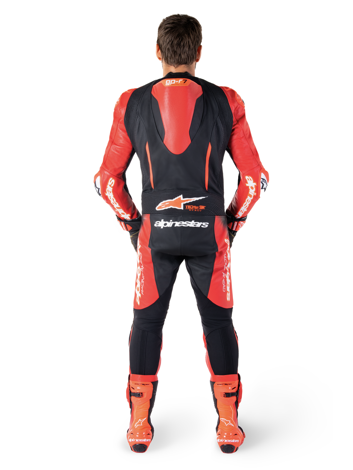 Alpinestars Macacão De Couro GP-R7 1 Peça, preto e vermelho, vista traseira com corcunda aerodinâmica e logótipo Tech-Air Ready.