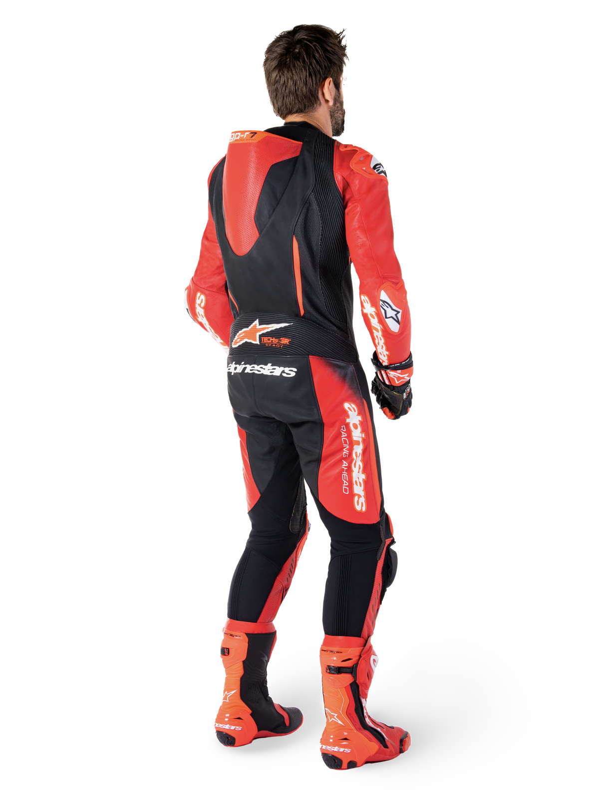 Alpinestars Macacão De Couro GP-R7 1 Peça, preto e vermelho, vista traseira com corcova aerodinâmica