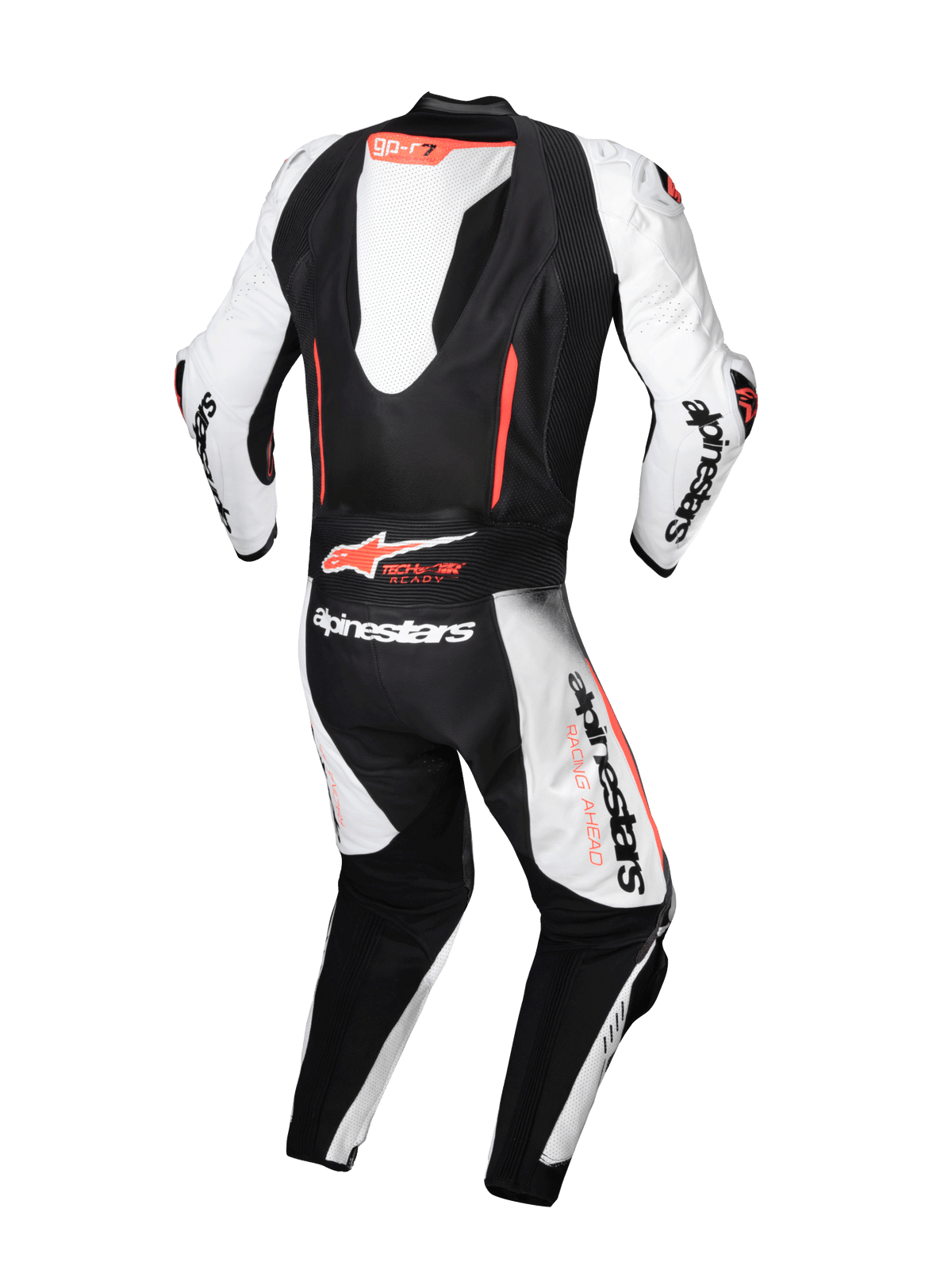 Macacão de couro Alpinestars GP-R7 para corrida, branco e preto, com corcunda aerodinâmica e compatível com Tech-Air.