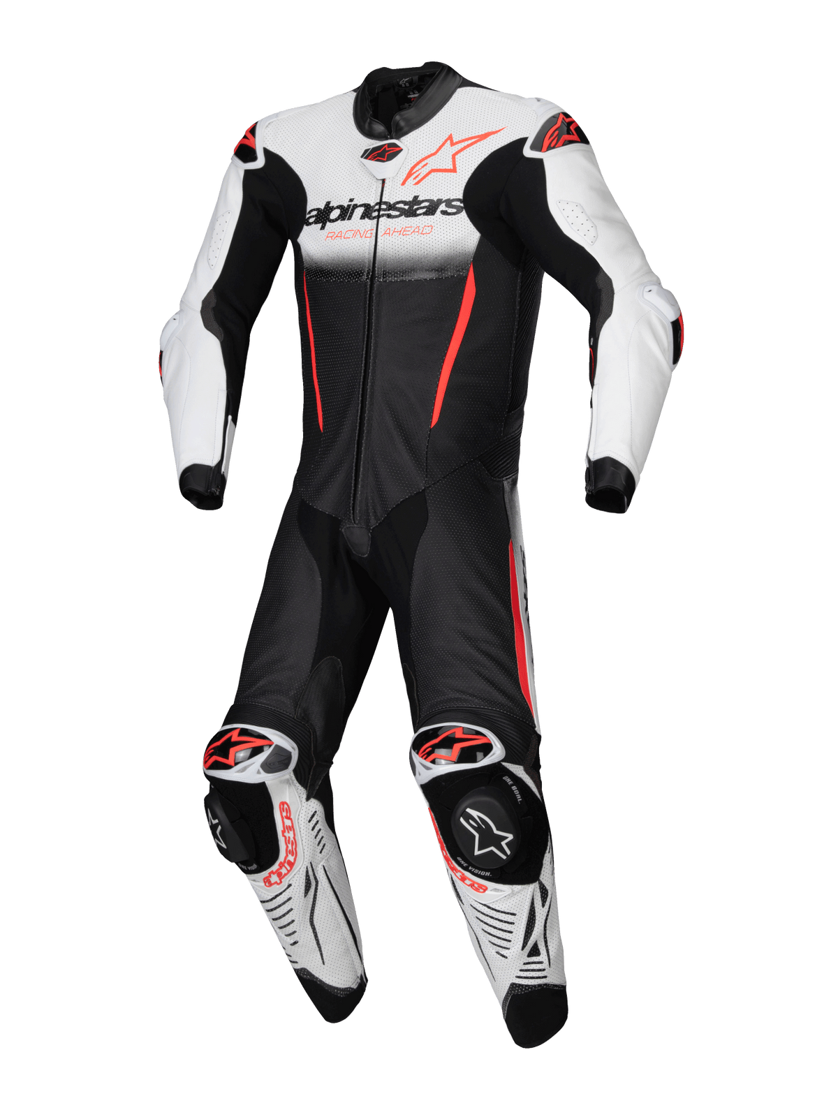 Alpinestars macacão de couro GP-R7 1 peça, fato de moto para corrida, branco, preto e vermelho fluo, em couro bovino premium, compatível com Tech-Air e certificado CE.