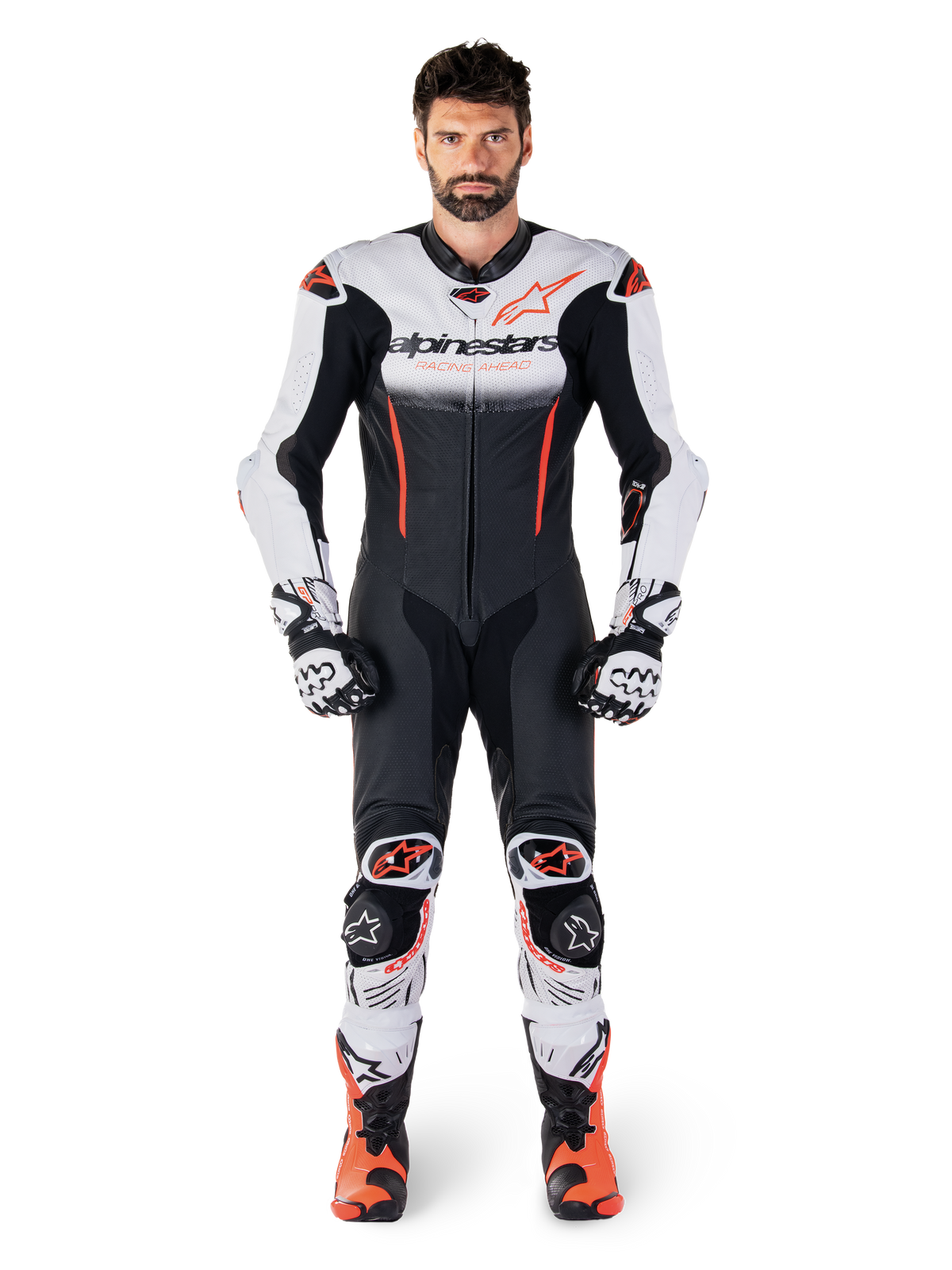 Alpinestars Macacão de Couro GP-R7 1 Peça, macacão de corrida masculino, branco, preto e vermelho fluo, em couro premium.