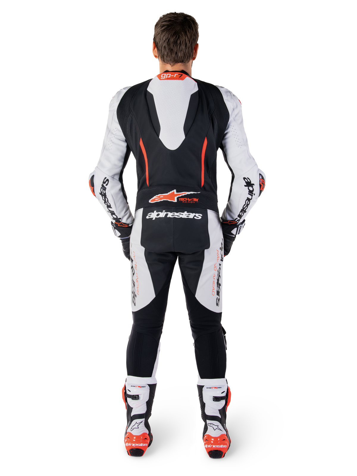 Alpinestars Macacão De Couro GP-R7 1 Peça, fato de corrida para homem, branco e preto com detalhes vermelho fluo, vista traseira com corcunda aerodinâmica