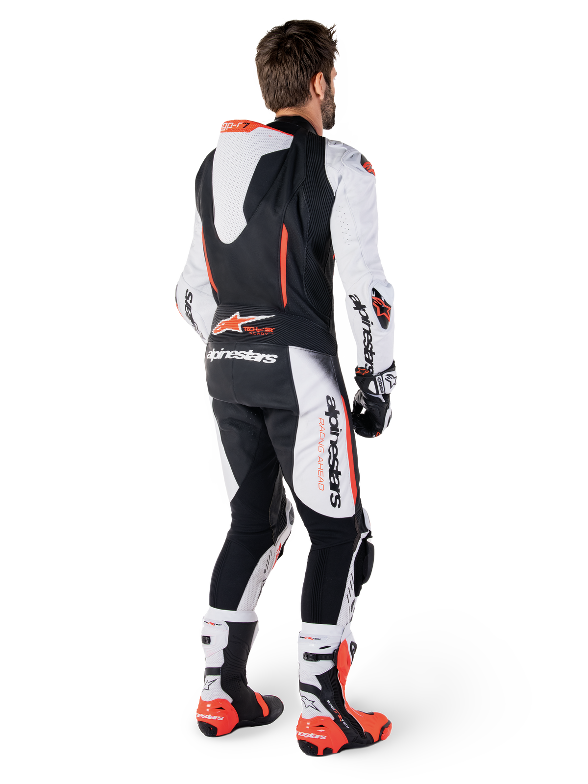 Macacão de Couro Alpinestars GP-R7 1 Peça, para corrida, homem, branco e preto, com corcunda aerodinâmica e proteção AAA