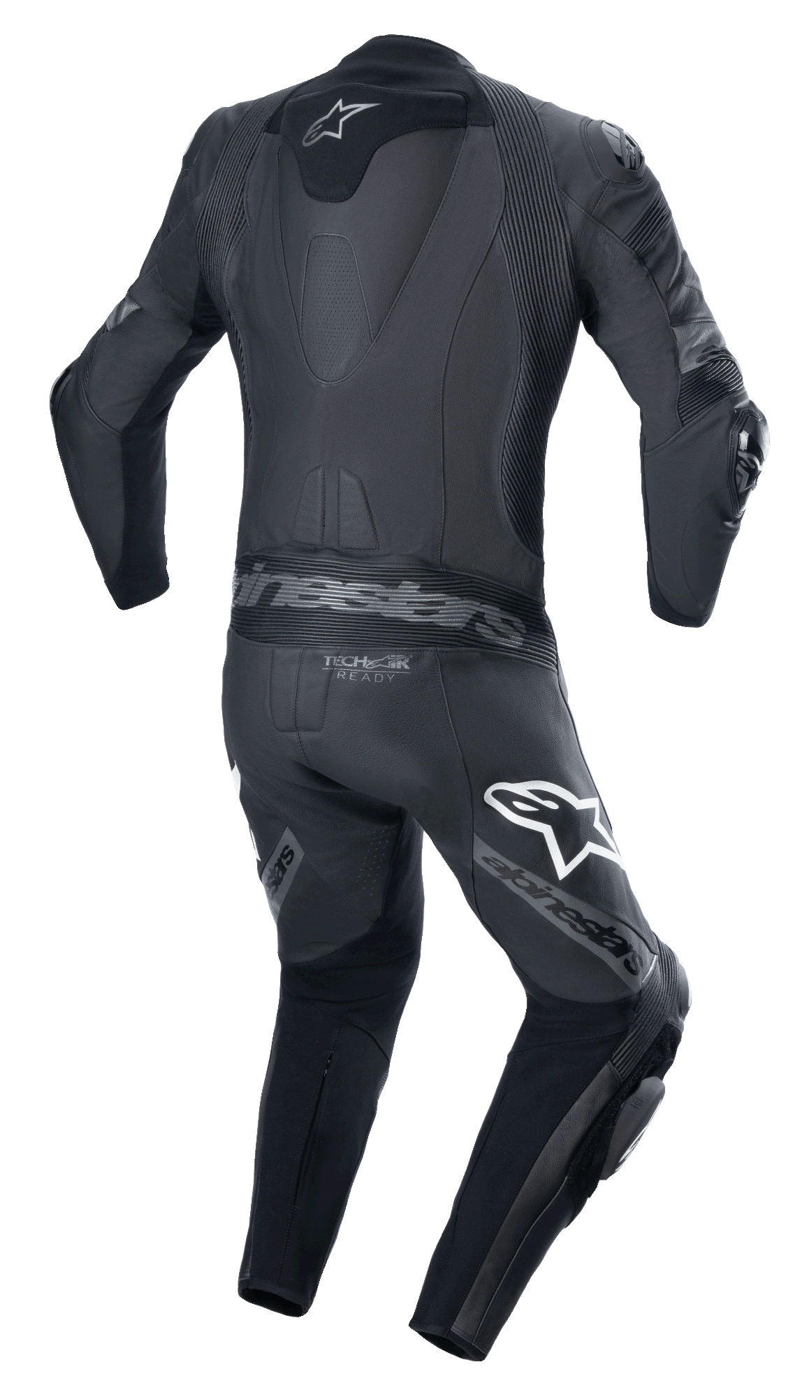 Alpinestars Missile V2 Ward 1-Piece Leather Suit, Black Metallic Gray, rear view featuring aerodynamic speed hump, accordion stretch panels on lower back and shoulders, Alpinestars branding on thighs, and Tech-Air Ready logo